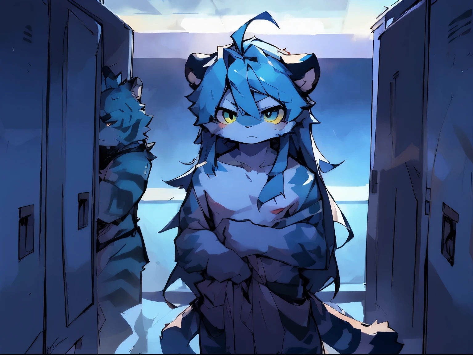 Man with a,white backhoe,light blue white tiger pattern,long white tiger tail,yellow left eye,light blue right eye,blue eyebrows,Light blue hair,Long hair,nudity,Sweating,Closing your eyes,serious expression,white socks,penis,White gloves,fisting,painful,Locker Room,undressing
