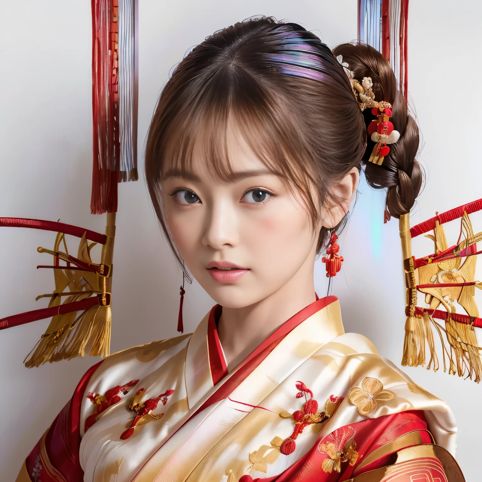 finest image, 8k, RAW photo, realistic, beautiful woman, (Japanese kimono with red lines and golden embroidery on a iridescent white background:1.4), updo-braided bangs light brown hair style, forehead, full-makeup, slender, perfect proportion, background shrines and temples