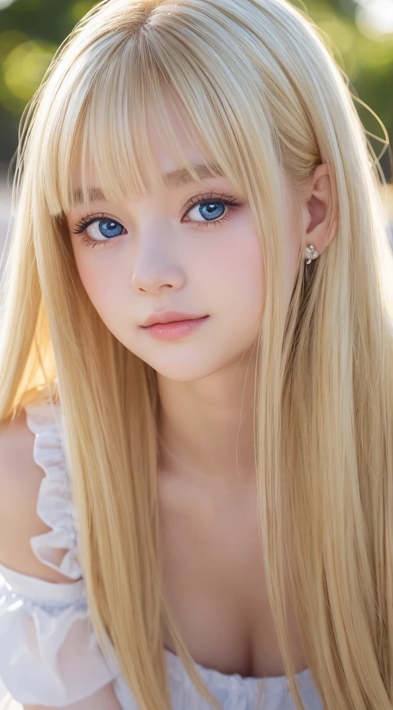 A 14-year-old beautiful girl with shiny bright blonde hair.、kawaii,Adorable, Face Focus , Ruffled Summer Dresses, Nordic bright blonde girl, Super long bright shiny blonde hair、Blonde color that changes from different angles、Low contrast, (Smile:0.8), huge tit、 hair scrunchie, Best Quality, 超A high resolution, photographrealistic, ultra-detailliert, 8K, Raw photo, masuter piece、Very beautiful, bright, pale sky blue, and very large eyes.、very big eyes、White shiny skin、cheek gloss highlight、Small Face Beautiful Girl、eye liner、blonde hair above the eyes、片blonde hair above the eyes、bangs between the eyes、