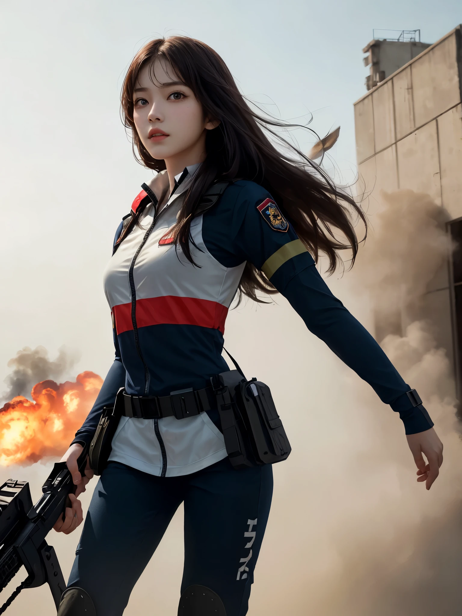 (1girl in:1.3), Solo, (((Very detailed face)))), ((Very detailed eyes and face)))), Beautiful detail eyes, Body parts__, Official art, Unified 8K Wallpaper, Beautiful and beautiful, Beautiful, masutepiece, Best Quality, Original, masutepiece, Super Fine Photo, Best Quality, 超A high resolution, Realistic realism, Sunlight, Full body portrait, Amazing beauty, Dynamic Pose, Delicate face, (Bright eyes from the front), She wears a combat suit, black with one -point red color scheme, women military uniform, Very detailed abandoned warehouse background, Detailed face, Detailed complex busy background, Messy, Gorgeous, Milky White, highly detailed skin, Realistic skin details, Visible Pore, Clear focus, Volumetric fog, 8K UHD, High quality, Film grain, Fair skin, photorealisim, Lomography, futuristic dystopian giant metropolis, Explosion smoke,emergency siren,In battle with the enemy,tense look,tense situation,Combat helicopter,Well-formed beautiful face,Oriental,Korea person,Super beautiful girl in her 10s,A girl full of spirit,Rushing through danger as a rescue worker,strong-willed woman,Strong Woman,former mercenary,fighting professional,Duties: Relief activity team leader,Clearing blue sky,A precious girl who defends the holy war with a pure heart.,Transport the minimum necessary medical equipment,Angle photo from below,Rin, the symbol of battle々Shishi Face,kawaii faces,CLC Yujin,ive Yujin,