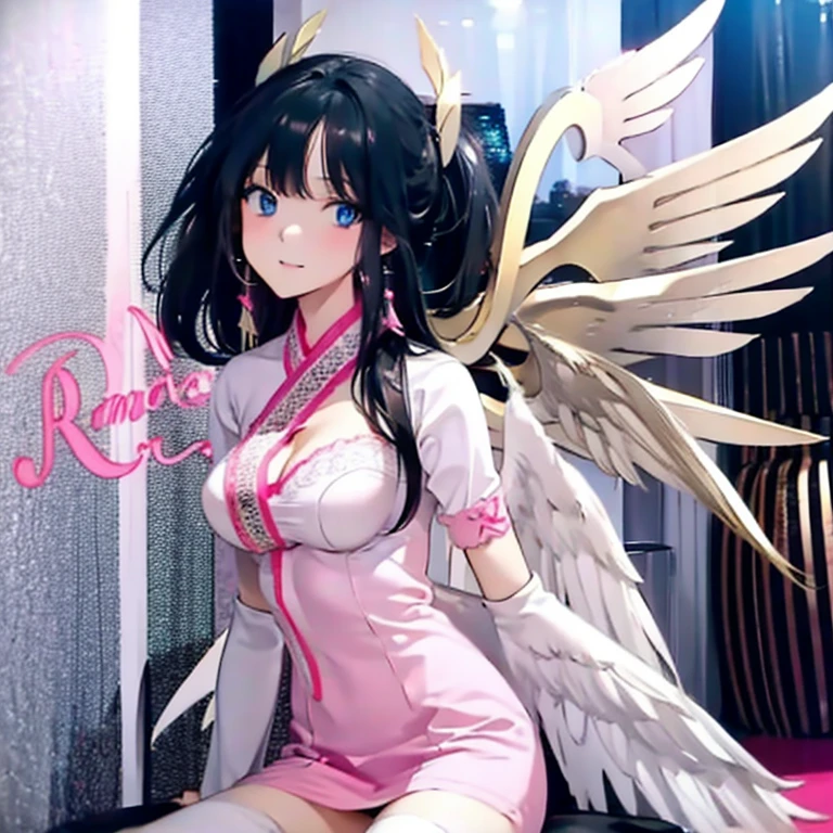 Black hair, blue eyes, angel wings, white wings, sexy, large breasts, pink lingerie, pink underwear, a hotel bedroom