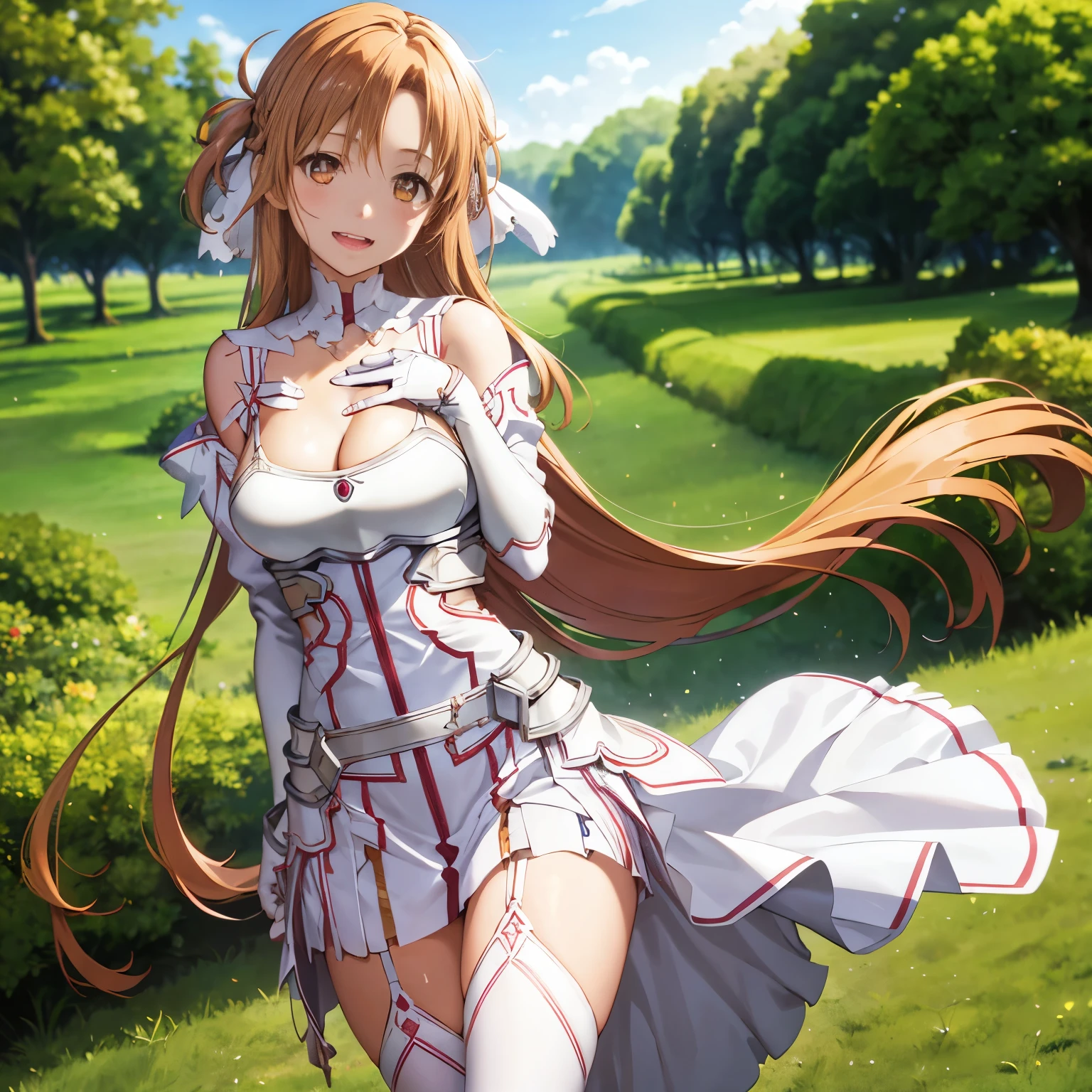 stacia, asuna, asuna_\(sao\), 1girl, (sexy pose:1.2), fantasy, highres,  original, realistic, expressive eyes, (excite), scenery,  close_up, upper_body, (standing on a grass), smiling, solo,  long hair, , looking at viewer, smile, open mouth, bangs ,detailed eyes, beautiful background, (on the forrest), hands on the chest, orange hair, thighhighs, gloves, dress, (cleavage:1.4), medium breasts, bare shoulders, brown eyes, very long hair, (full body:1.5), white gloves,  white dress, (open chest:1.5), armor, white thighhighs, garter straps, breeze, white armor,  abec