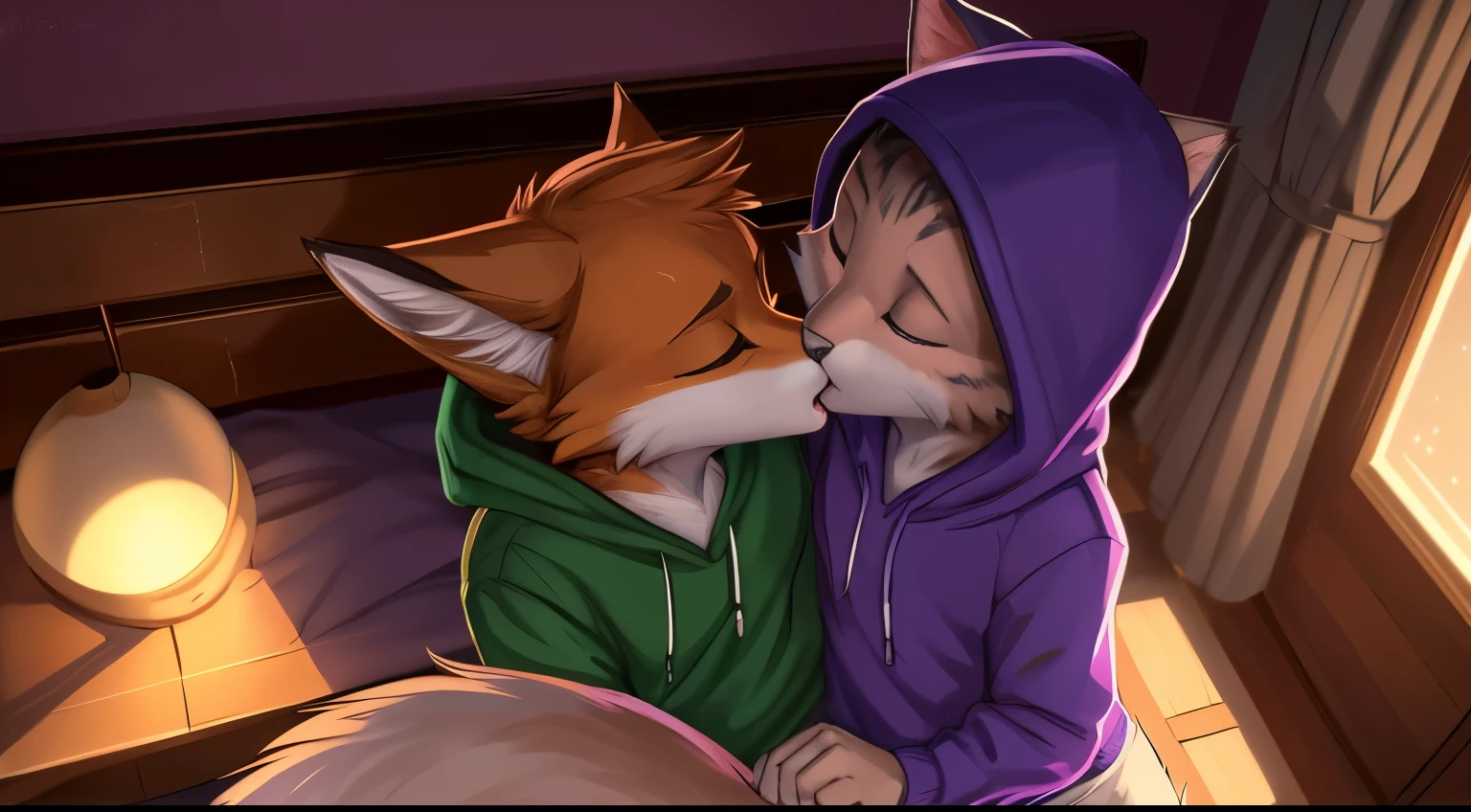 (vertical view:1.5), assisted exposure, explict content, uploaded on e621, (extremely detailed:1.3), 2boys, 2species duo, (duo focus:1.2), (kissing:1.3), (furry body), (male:1.5), (a lot of fur), (emotional:1.4), (leaning against object:1.4) furry, fox with yellow fur, cat with gray fur, hand holding couple, cat kissing fox, femboy, (causal exposure:1.6), (fur:1.7), 2boys, cat, inside a room, sparkles, teeth, open mouth, hug tightly, Masterpiece, best quality, passionate kiss, fox kissing with a cat, detailed lighting, detailed body, detailed fur, detailed, high stockings, fox with green sweatshirt, cat with purple sweatshirt, by Zackary911,
