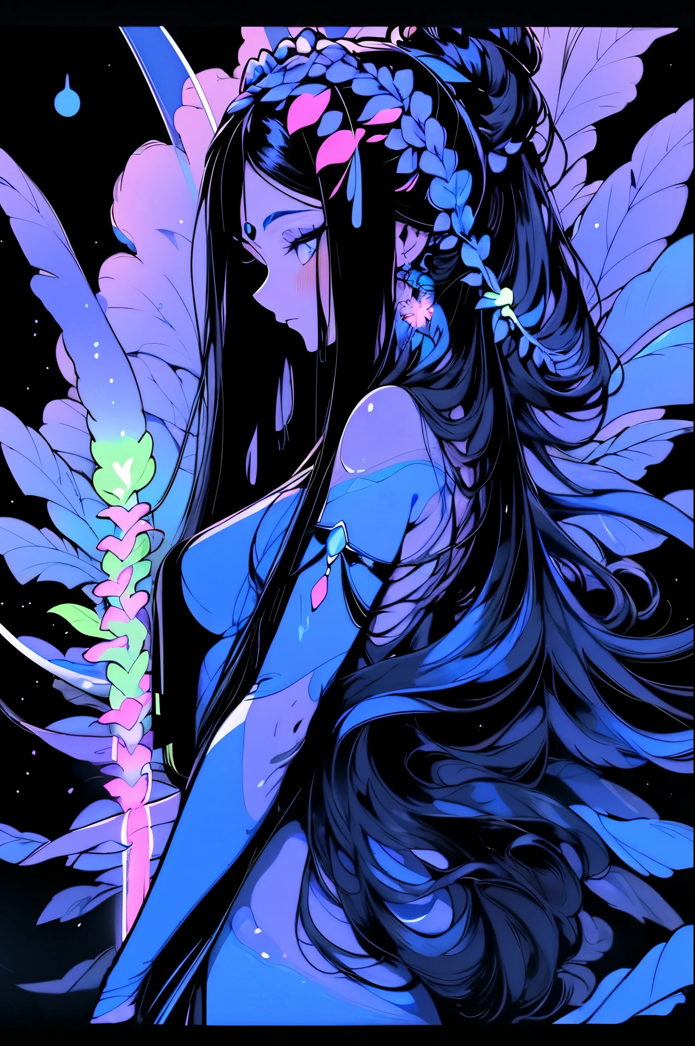 ((Ultra Long Exposure Photography)) Indian woman with long black hair in space buns. She is the goddess of horticulture. She’s covered in millions of microscopic ultra bright Blue neon strings emanating from her body. beautiful backlit silhouette, high detailed, covered in neon clouds. Blue color palette.