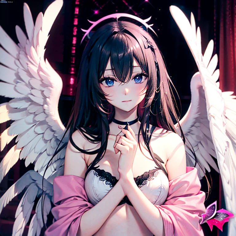 Black hair, blue eyes, angel wings, white wings, sexy, large breasts, pink lingerie, pink underwear, a hotel bedroom