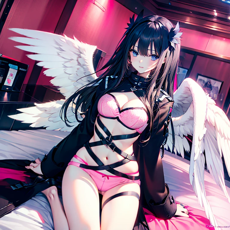 Black hair, blue eyes, angel wings, white wings, sexy, large breasts, pink lingerie, pink underwear, a hotel bedroom