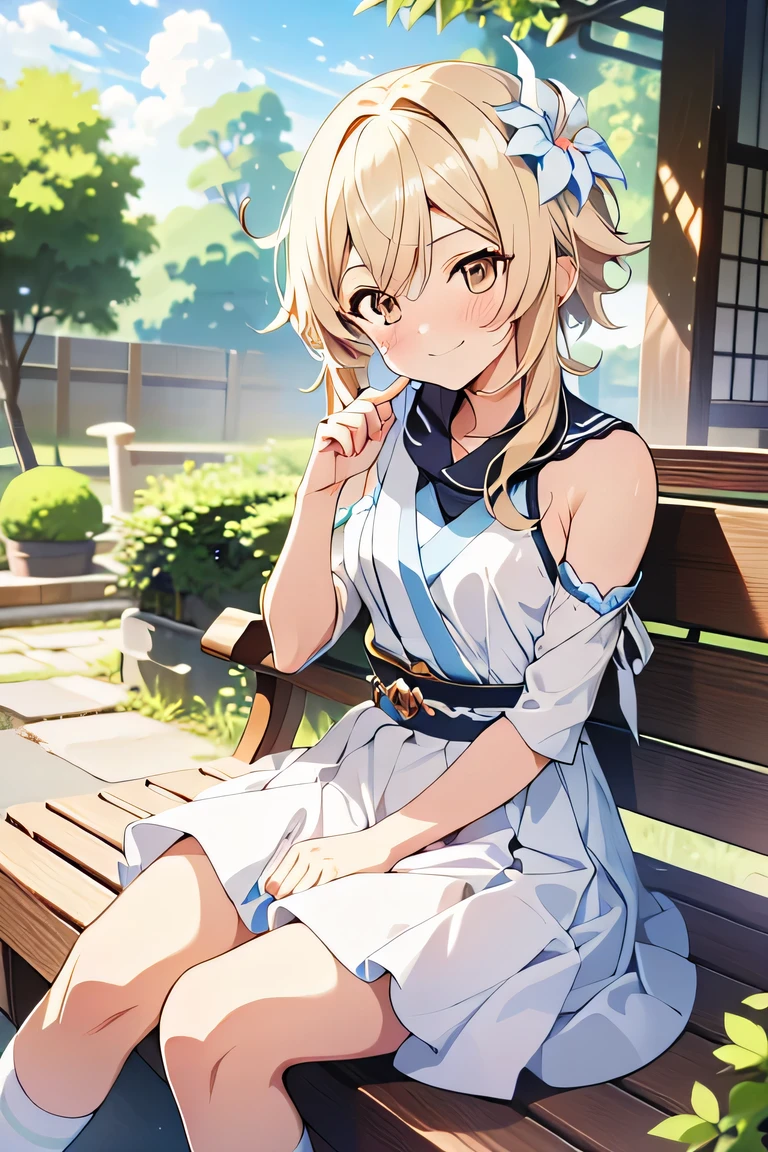 Genshin Impact style, house, Lumine from Genshin Impact, 1 girl, (((small eyes))), detailed clear eyes, cute smile, anime art style, soft line-art, anime-mange style, detailed, cute casual dress, medium-large breast, looking to the viewer, sit, hand gesture