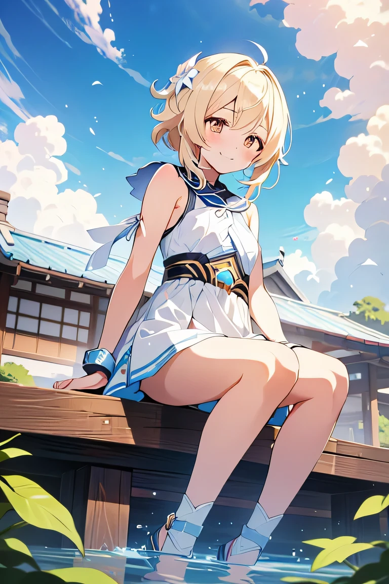 Genshin Impact style, house, Lumine from Genshin Impact, 1 girl, (((small eyes))), detailed clear eyes, cute smile, anime art style, soft line-art, anime-mange style, detailed, cute casual dress, medium-large breast, looking to the viewer, sit, hand gesture