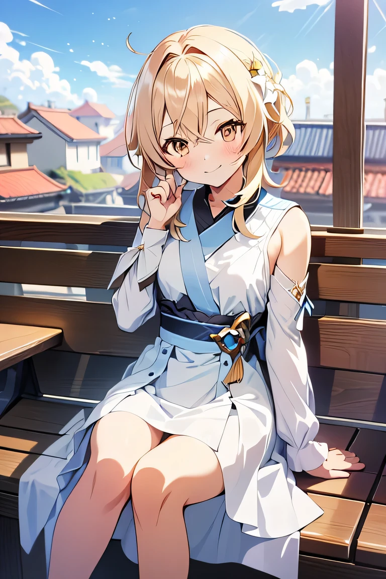 Genshin Impact style, house, Lumine from Genshin Impact, 1 girl, (((small eyes))), detailed clear eyes, cute smile, anime art style, soft line-art, anime-mange style, detailed, cute casual dress, medium-large breast, looking to the viewer, sit, hand gesture