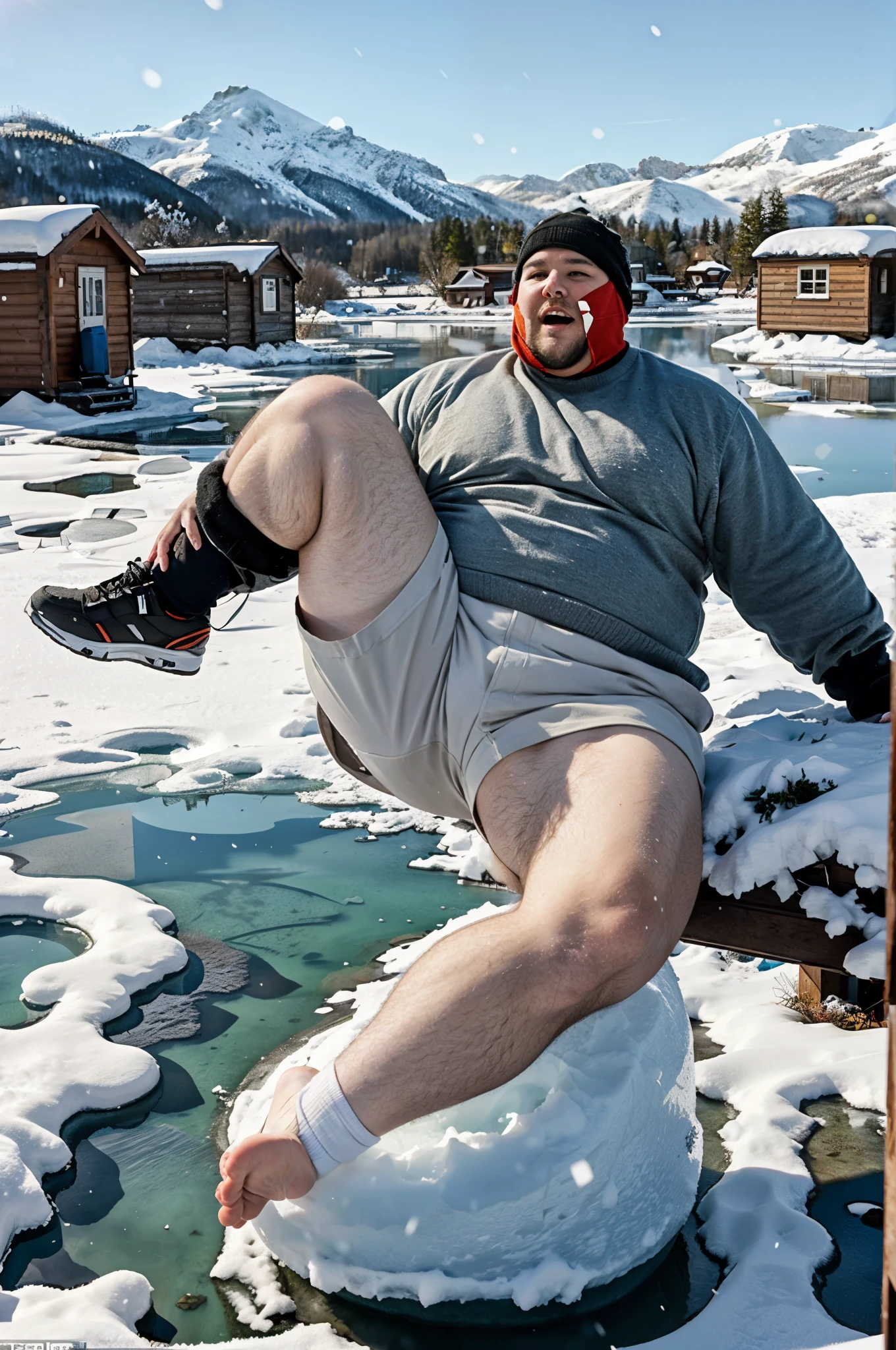 muscular man, body builder, very muscular, tall, cavill face, steroid, legs up, collar, legs spread, laying down, grey underwear, big bulge, outside, asshole, winter, snow, hot spring, dick covered, condom, cum in ass, hole in underwear showing asshole