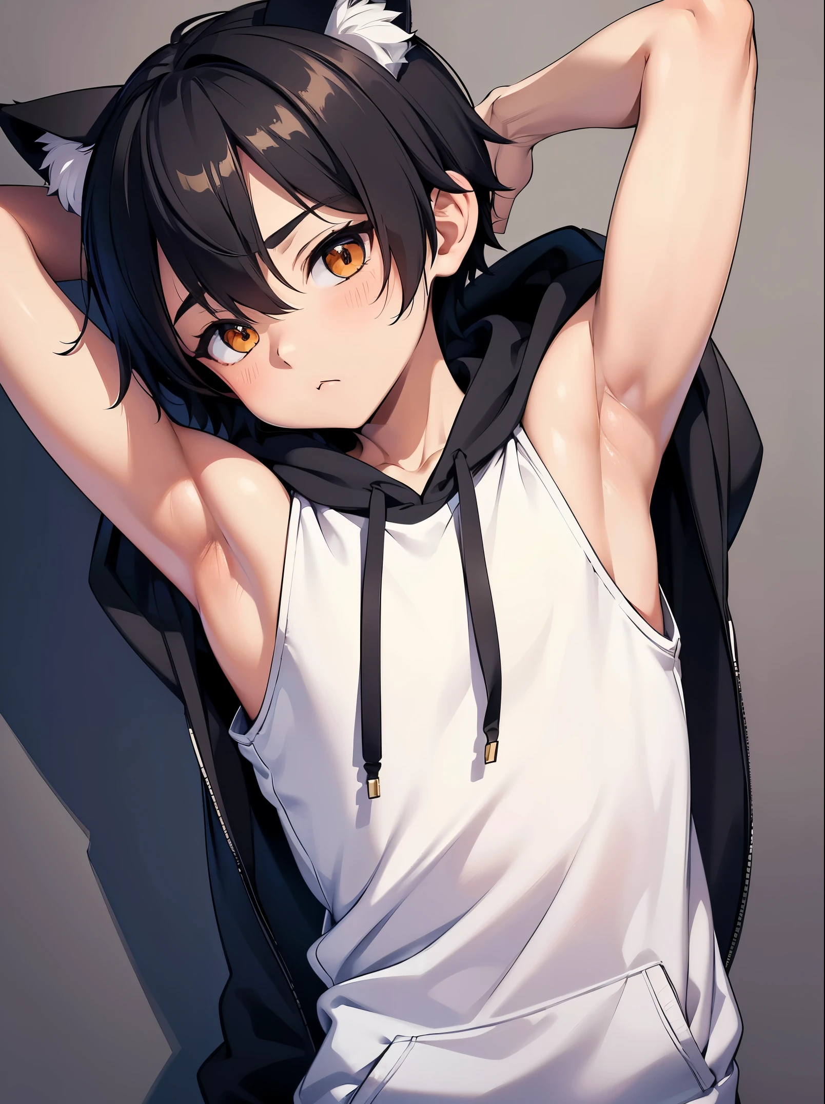 Highres, Masterpiece, Best quality at best,Best Quality,hight quality, hight detailed, 1boy, Shota, Cat ear, sleeveless hoodie, Body only, (very small and short stature), (very young boy), (very small and short body), -yeld bo (Showing armpit:1.3), hansome, UHD, Smooth image