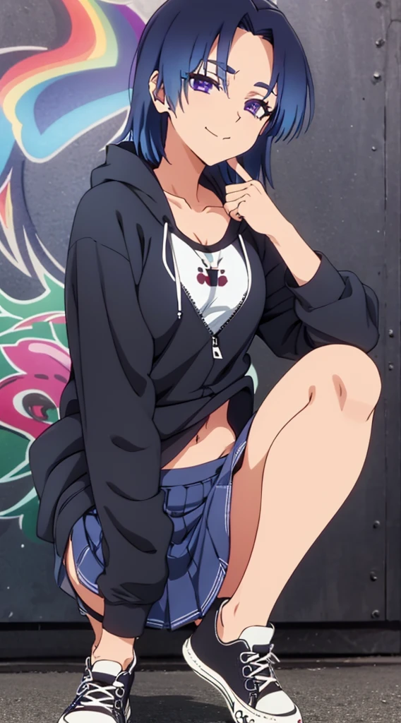 kamiya of shikimori-san is not just cute, crop hoodie, belly, stomach, navel, perfect face, (ultra high quality), detailed, 8k, masterpiece, looking viewers, small breast, purple eyes, 1 girl, sharp eyes, pride smile, hands in pocket, mini skirt, squatting pose, converse shoes, background graffiti wall, navel piercing, cross piercing in wears