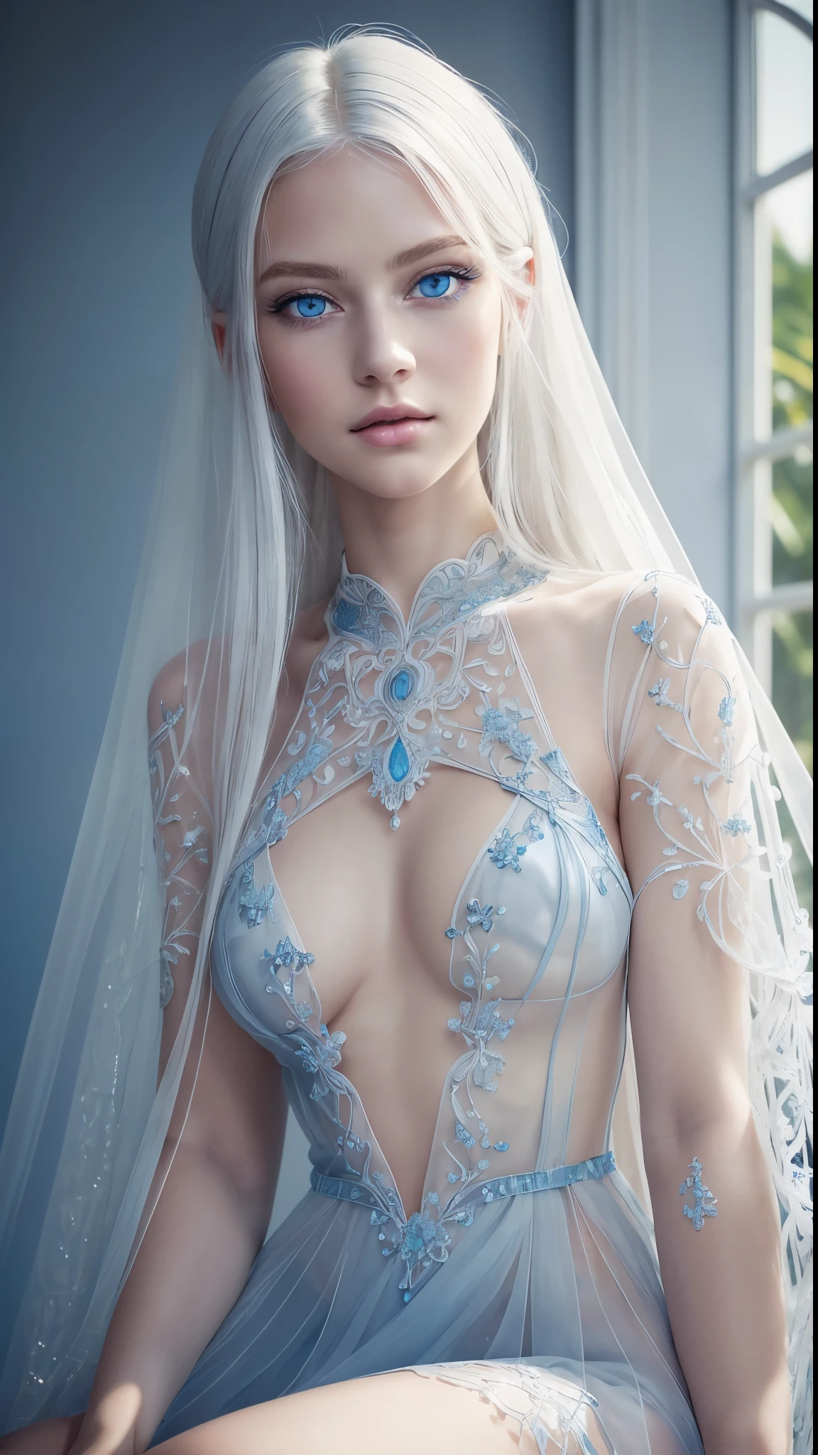 8k full body shot of beautiful white-haired 18 year old girl, (intricate, sheer, transparent, no clothes:1.2), intricate, beautifull face, elegant, highly detailed, digital hyperrealistic photography, hyperrealistic photography filigree, shyness, most beautyfull face, (masterpiece, sidelighting, (finely detailed beautifull blue eyes: 1.2)),