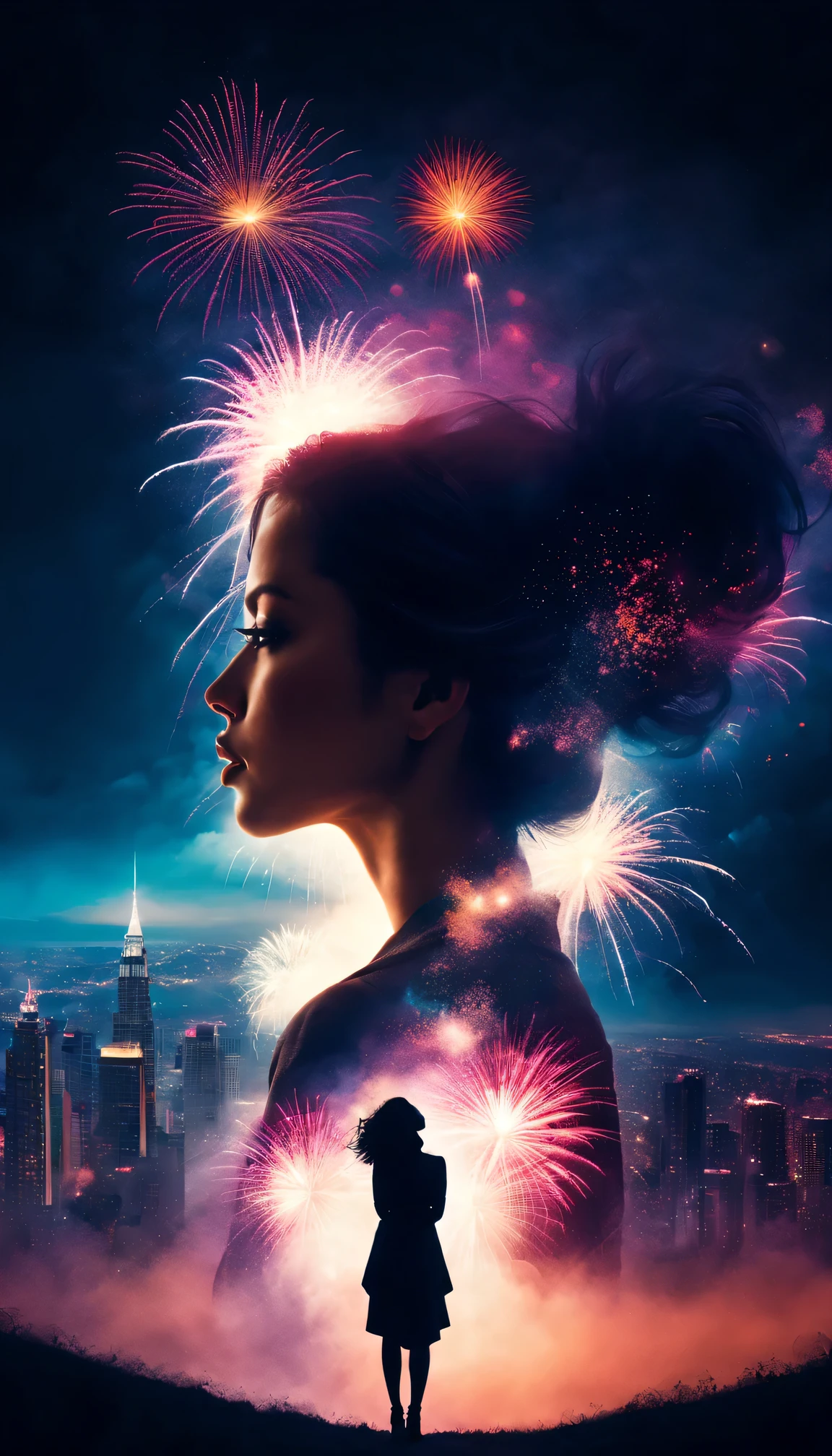 wide wide shot,Expansive night sky,new year,A grand fireworks display,woman portrait,double exposure effect,dramatic lights,vivd coloong exposure technology,creative composition,artsy photography,hight contrast,abstract elements,emotionally captivating,Expressive eyes,soft focus,vague background,Beautiful lip details,multiple exposure,Different Perspectives、The city of the future,Silhouette of a high-rise building。The texture is clear、overlay images、A harmonious blend of themes、art story、Surreal atmosphere、Experimental Technology、imaginative exploration、Artistic expression、Artistic interpretation、Creative experimentation、personal narrative、Layered composition、Ethereal aesthetics、Shocking visual impact、visual depth、magic realism、poetic atmosphere,Detailed and meticulous,visual poetry