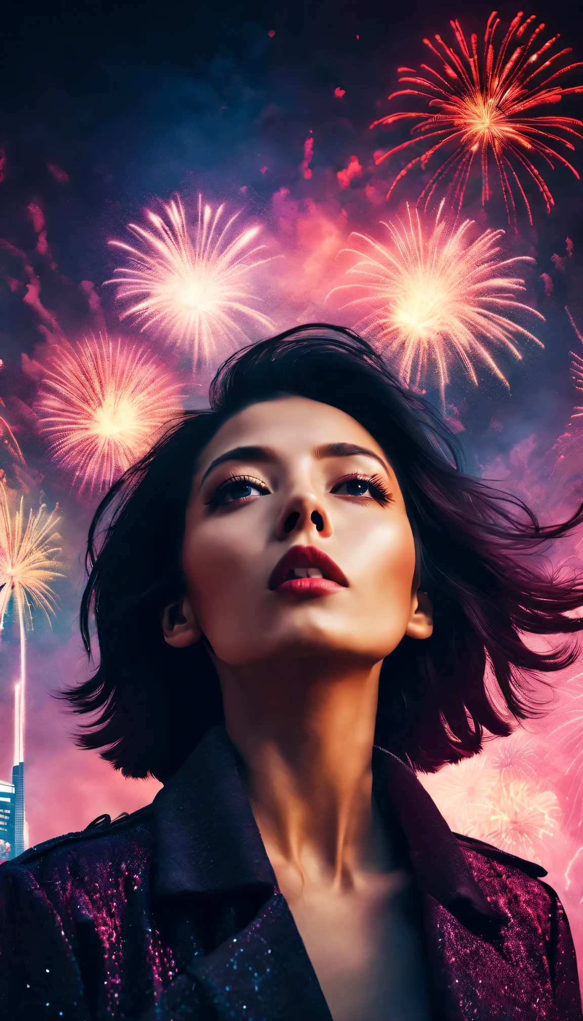 wide wide shot,Expansive night sky,new year,A grand fireworks display,woman portrait,double exposure effect,dramatic lights,vivd coloong exposure technology,creative composition,artsy photography,hight contrast,abstract elements,emotionally captivating,Expressive eyes,soft focus,vague background,Beautiful lip details,multiple exposure,Different Perspectives、The city of the future,Silhouette of a high-rise building。The texture is clear、overlay images、A harmonious blend of themes、art story、Surreal atmosphere、Experimental Technology、imaginative exploration、Artistic expression、Artistic interpretation、Creative experimentation、personal narrative、Layered composition、Ethereal aesthetics、Shocking visual impact、visual depth、magic realism、poetic atmosphere,Detailed and meticulous,visual poetry