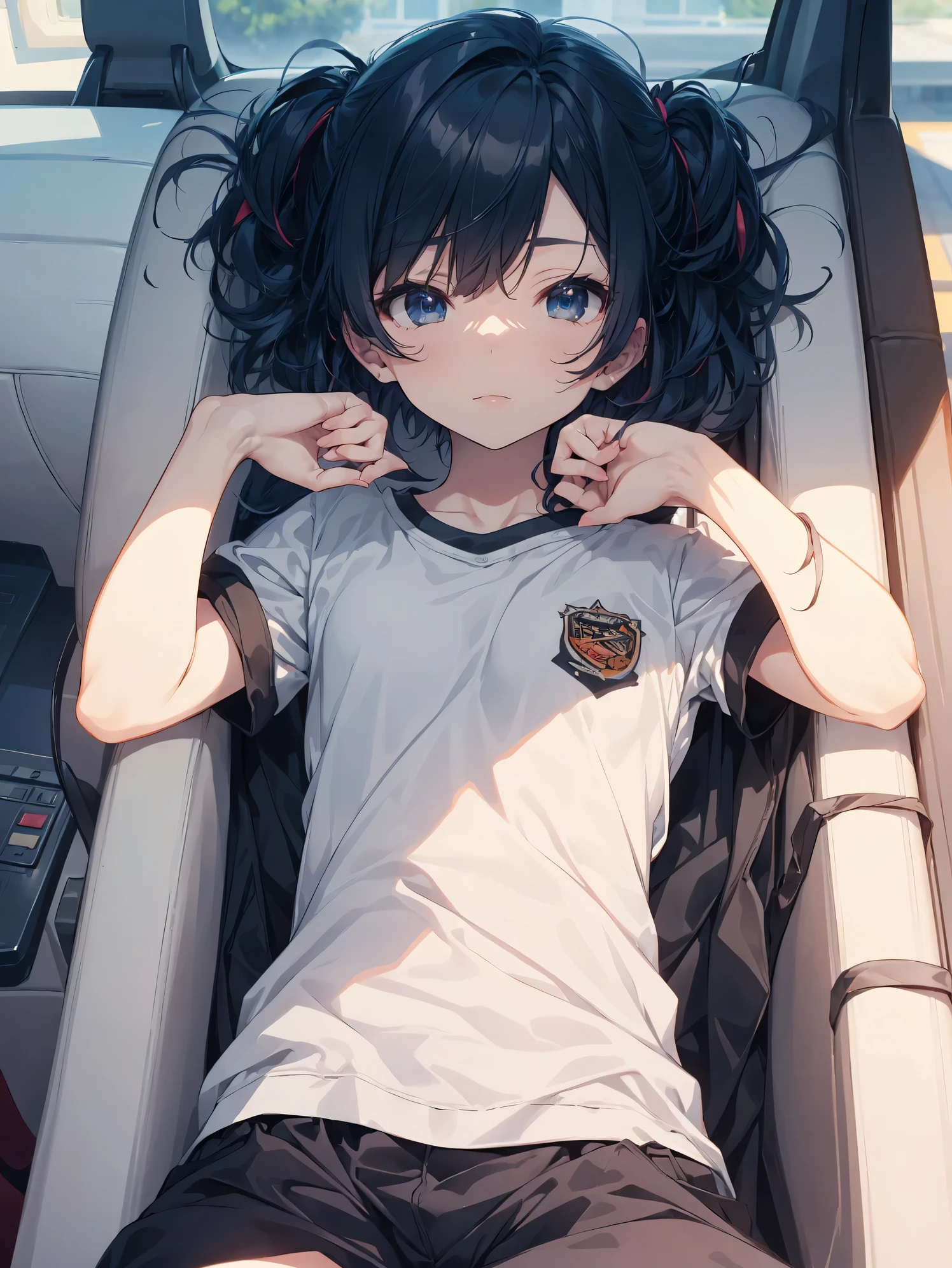 Super high quality by the art god, Ultra-detailed, High resolution, Gwise Style, anime moe art style, best anime 8K konachan wallpaper, Pixiv Contest Winner, Perfect Anatomy,BREAK,(Draw a picture of a girl sitting in a car seat ),BREAK, a hyperrealistic schoolgirl, (Solo,Lori,child,13years:1.3),Full limbs, complete fingers,a junior high school student, Androgynous attraction, (Very short hair),Head on the forehead, flat and soft chest, Small butt, groin, Small eyes,Beautiful detailed black eyes, Well-proportioned iris and pupils, High resolution detailed hair, blush, (Tank top, Short shorts:1.2), Inside of a wagon car, From above, NSFW, BREAK,Ultra-detailed細なスキン,Shiny skin, Best lighting by famous artists, 8K, Cute illustration.