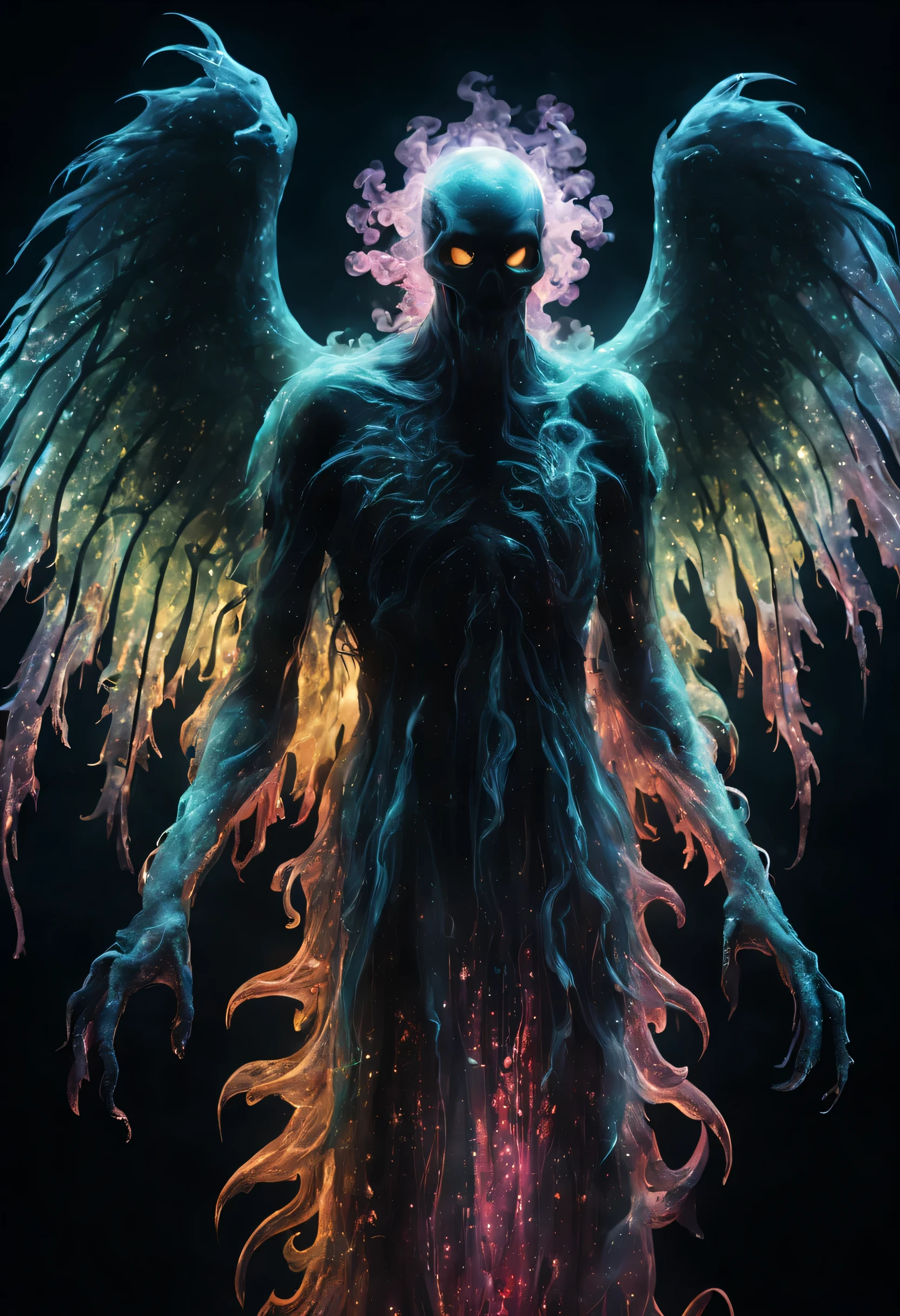 Ultra detailed illustration of the dark silhouette of a rotten archangel, phantasmagorical figure, (((ghostly creature:1.5))), (((translucent:1.5))), neon lights, (light particles), colorful, cmyk colors, strong backlit, bokeh