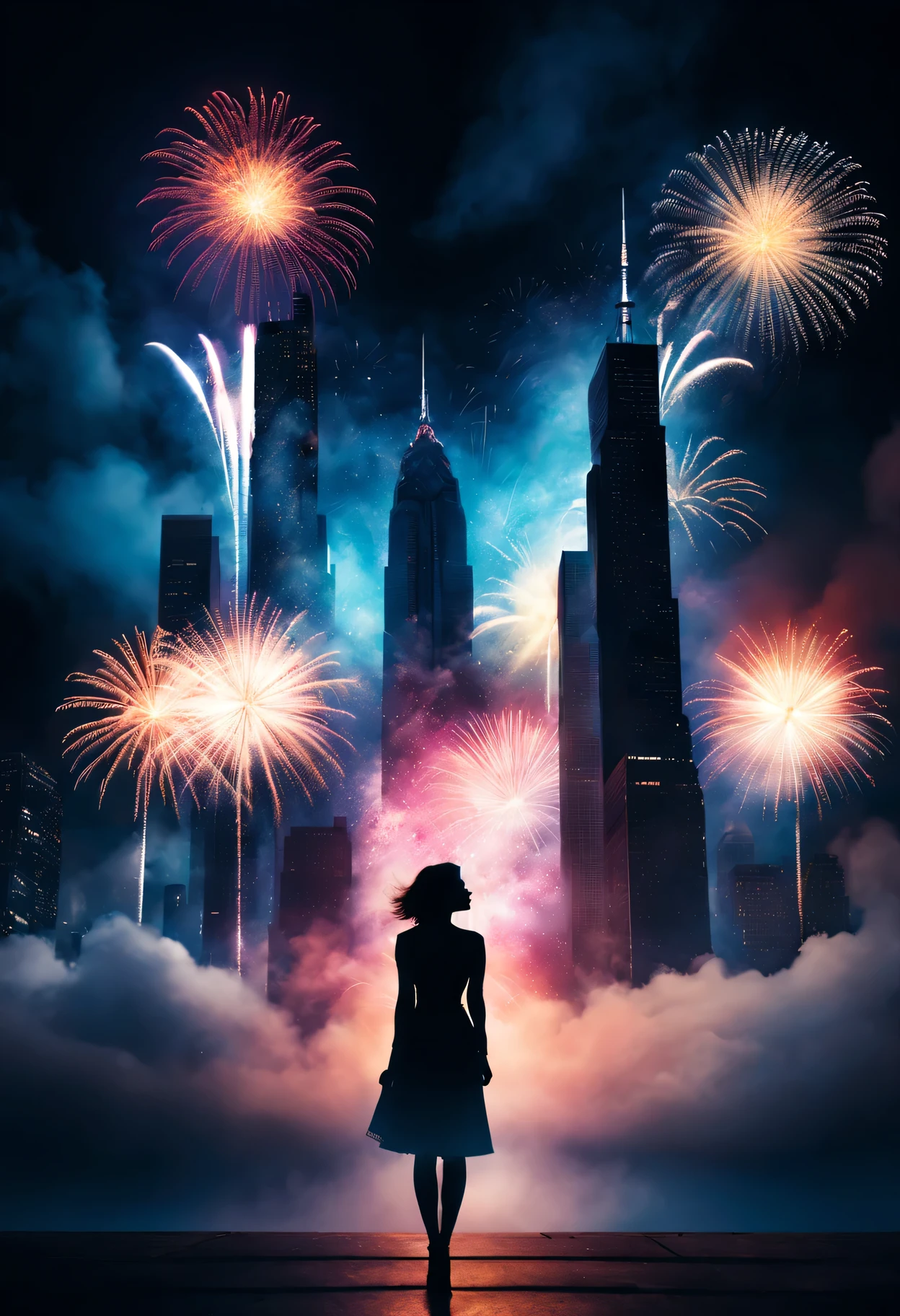 wide wide shot，Expansive night sky，new year，A grand fireworks display，woman portrait，double exposure effect，dramatic lights，vivd coloong exposure technology，creative composition，artsy photography，hight contrast，abstract elements，emotionally captivating，Expressive eyes，soft focus，vague background，Beautiful lip details，multiple exposure，Different Perspectives、The city of the future，Silhouette of a high-rise building。The texture is clear、overlay images、A harmonious blend of themes、art story、Surreal atmosphere、Experimental Technology、imaginative exploration、Artistic expression、Artistic interpretation、Creative experimentation、personal narrative、Layered composition、Ethereal aesthetics、Shocking visual impact、visual depth、magic realism、poetic atmosphere，Detailed and meticulous，visual poetry