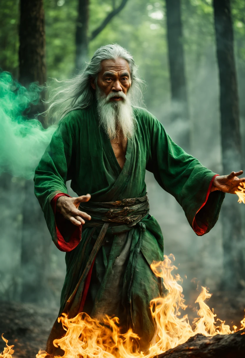 Shot of Sony FX30 35mm. "Zoom on body in motion portrait. Casting green fire magic in fog smoking forest. Weathered Malay Man with green red fire throwing hand. with ancient shining lighting neclace. Long gray hair, silver beard with silver rings sweeping in wind motion, broad shoulders. Aged face, rough skin, big brows over his eyes reflecting fire. Background with Big Dragon Fury. Some elements blurred in motion. Scene from fantasy movie. Special effects scene --ar 17:8 --style raw --stylize 300 " --v 6