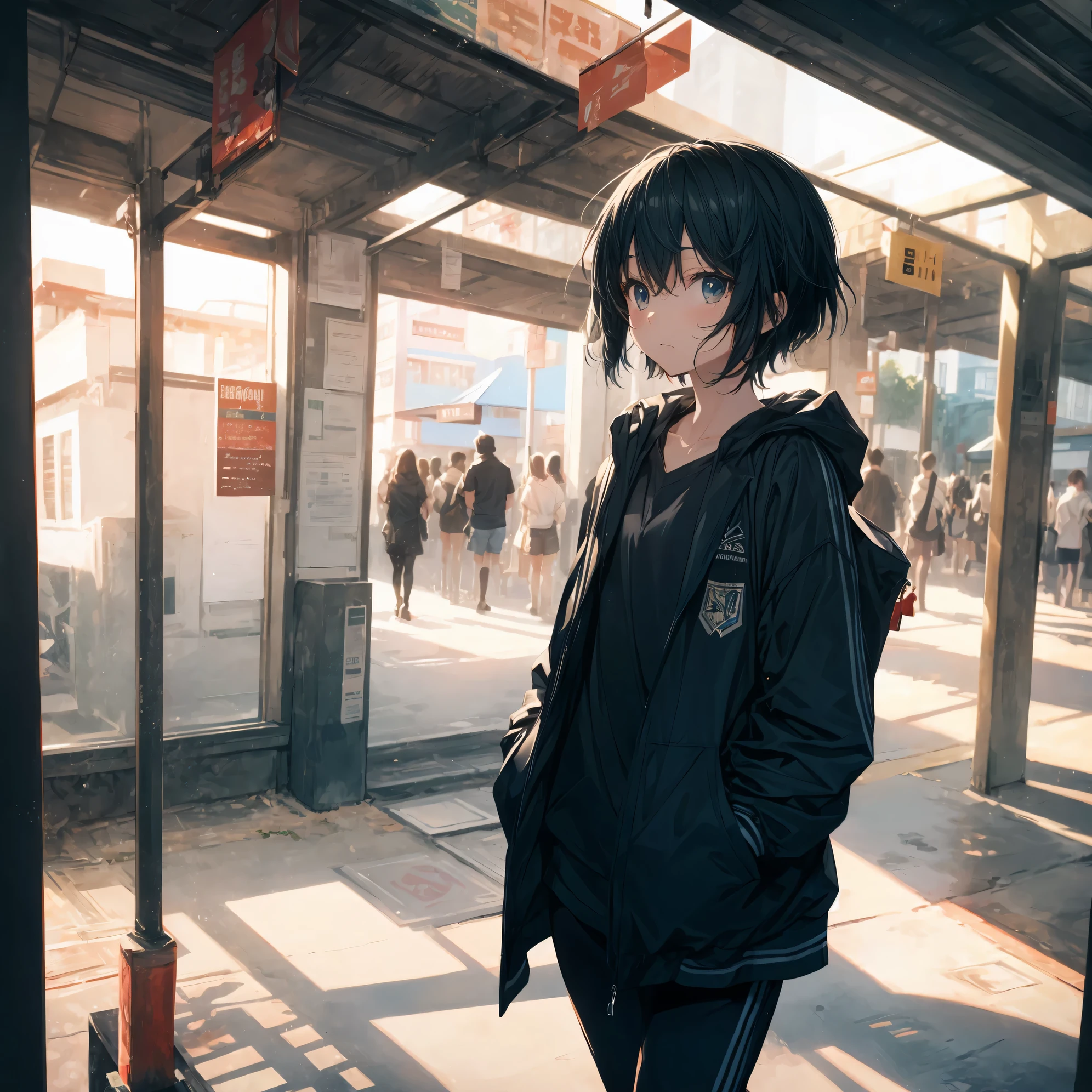 Super high quality by the art god, Ultra-detailed, High resolution, Shinkai Makoto style, anime moe art style, best anime 8K konachan wallpaper, Pixiv Contest Winner, Perfect Anatomy, BREAK,(Please draw a sleepy girl going to school alone.. ),BREAK, a hyperrealistic schoolgirl, (Solo,Lori,child,13years:1.3),Full limbs, complete fingers,a junior high school student, Androgynous attraction, (extra very short hair), hair messy, flat and soft chest, Small butt, groin, Small eyes,Beautiful detailed black eyes, Well-proportioned iris and pupils, disgusted eye, High resolution detailed hair, School uniform, Skirt, On the way to school. BREAK,Ultra-detailed細なスキン, Best lighting by famous artists, 8K, Illustration,
