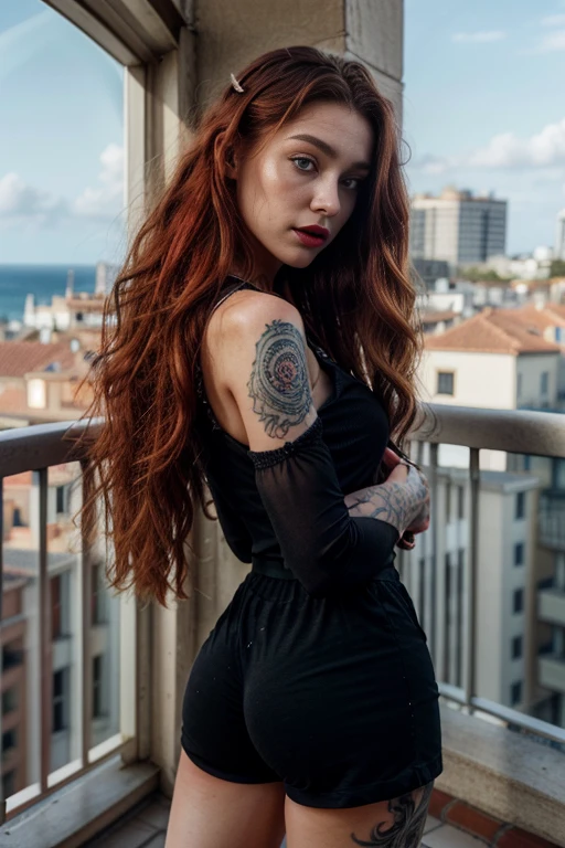 raw photo,wide angle lens,a French girl with long wavy red hair in a balcony,hair parted in the middle, realistic face,wearing makeup,lipstick,black jumpsuit,blackless,big round ass,bubble ass,blue eyes, tattooed, full body photo, masterpiece, extremely detailed eyes, intricate details, perfect body, best hands, high quality, ultra detailed face, high definition, hyper detailed,HDR, 8k, uhd, dslr, extreme skin details, natural lighting, 35mm, cinema photography, FujiFilm XT3, ultra-realistic