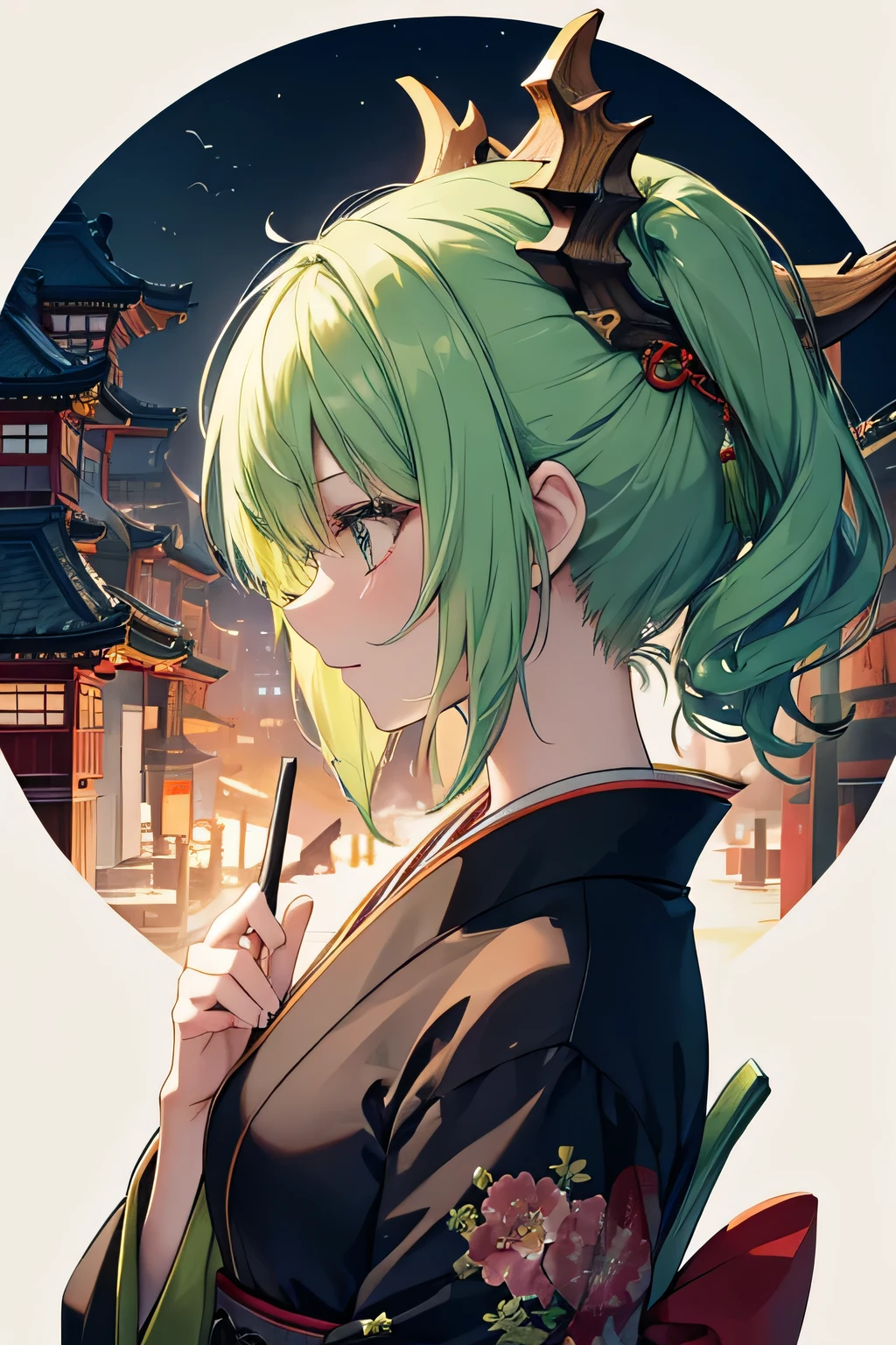 frau,detailliertes Seitenprofil,green hair, Japanisch,Holzdrache im Hintergrund