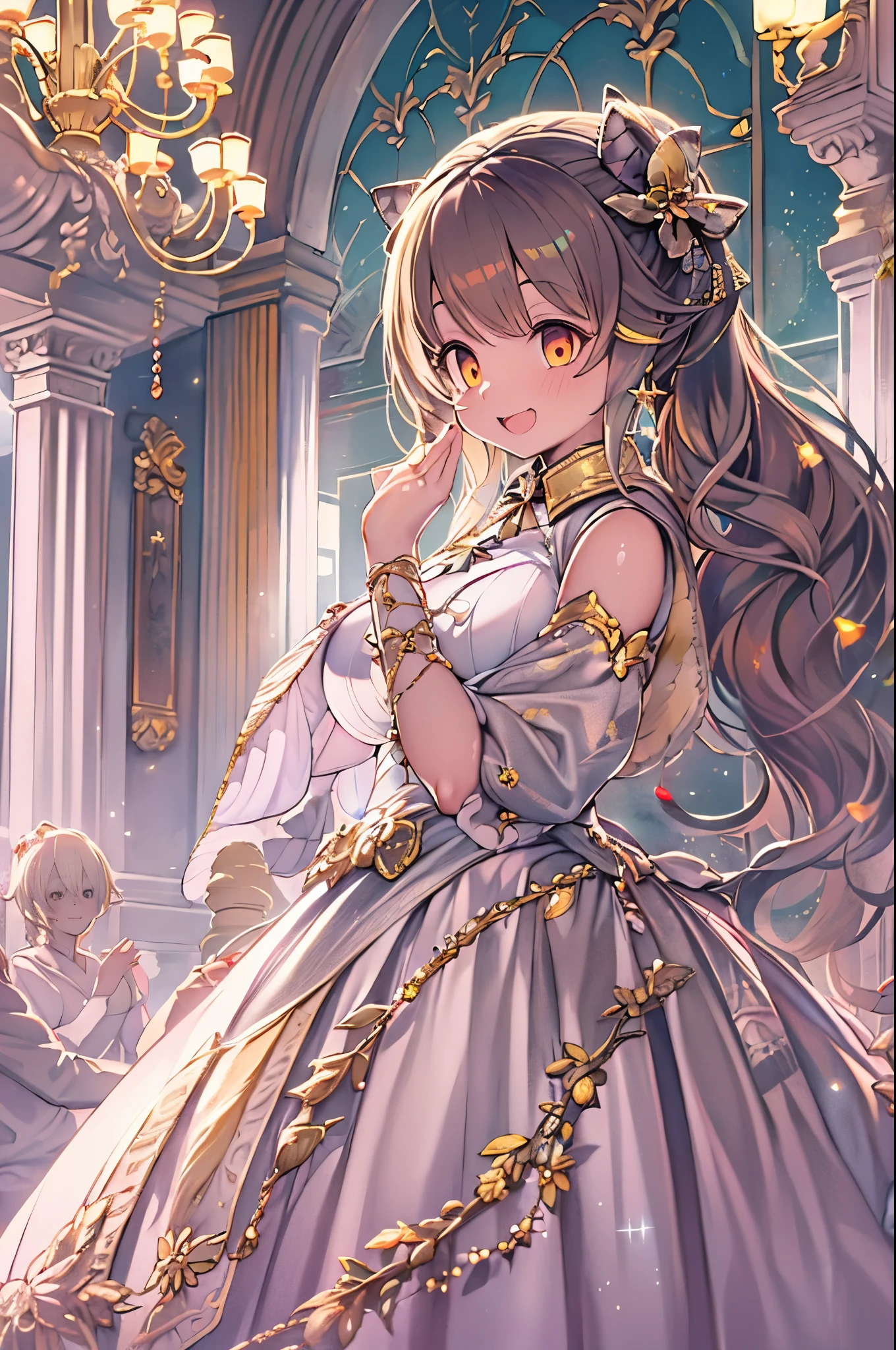 dramatic compositions, Dress in court style, royal, Gorgeous, カスケードfrilld, frilld, the bow, crystal chandeliers, Roman curly hairstyles, ponet, Double ponytail like a drill, Look at the camera, Bangs, maximalism, palace background, Delicate depiction of hair and eyes, Princess Dresses, Gorgeous skirts, Flowers in hand, Smiles, Starry eyes, Cinematic Light, Extreme Detail, High Definition, happy girl, Very long hair, Diamonds, broken Diamonds, Junction Tip, light Particle