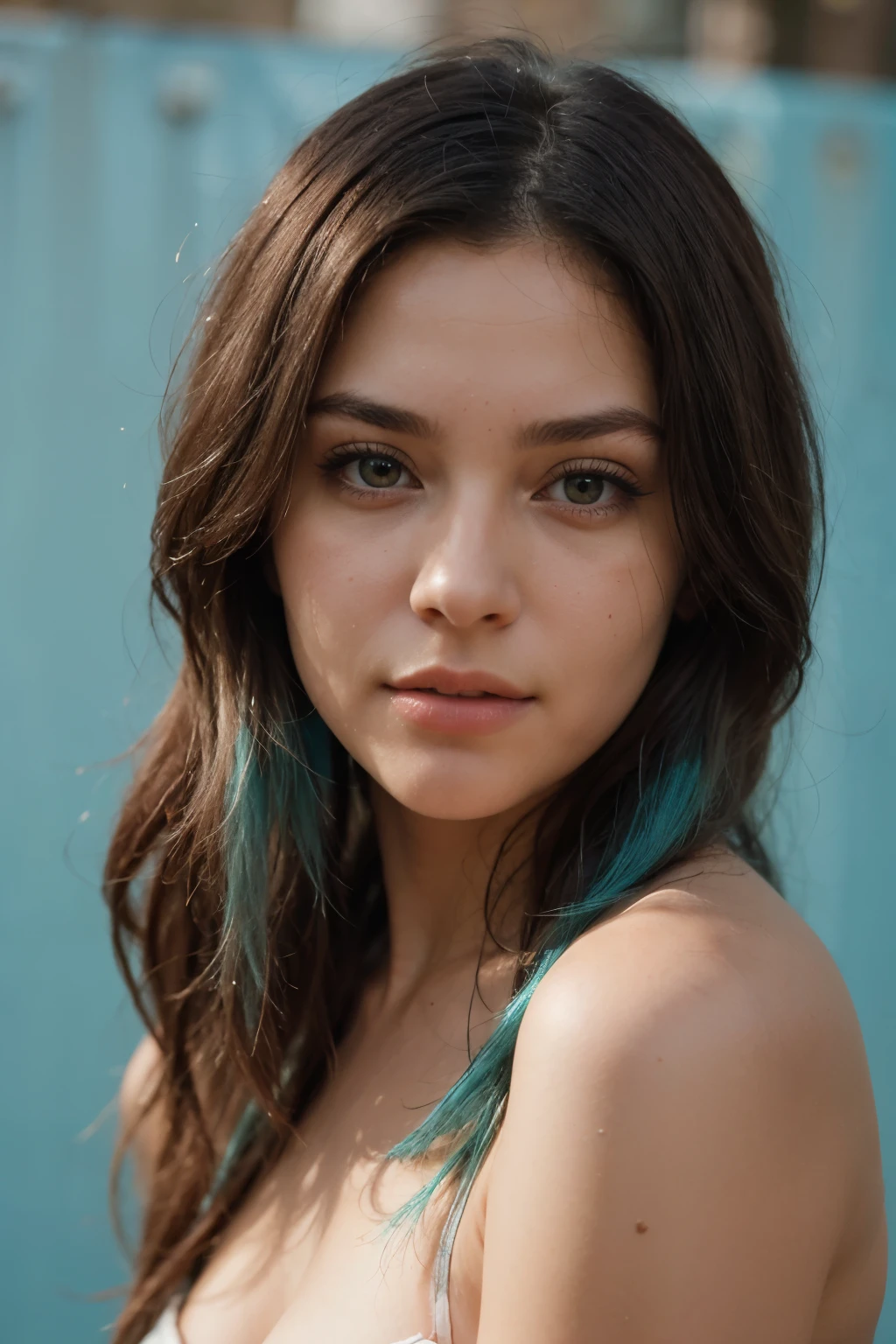 Generate a high-resolution portrait photo of an attractive young woman with striking, long, and completely turquoise hair. Her hair should be a vibrant shade of turquoise, not just partially, but entirely covering her head, starting from the roots down to the tips. Ensure that the color saturation is rich and consistent throughout her hair. The woman should have a confident and alluring expression, with captivating eyes, smooth skin tone, and subtle makeup that complements her overall appearance. The background should be neutral or softly blurred to emphasize her features. Please pay particular attention to the accuracy of the hair color, ensuring it is prominently and uniformly turquoise without any sections of other colors or patches of natural hair tone.