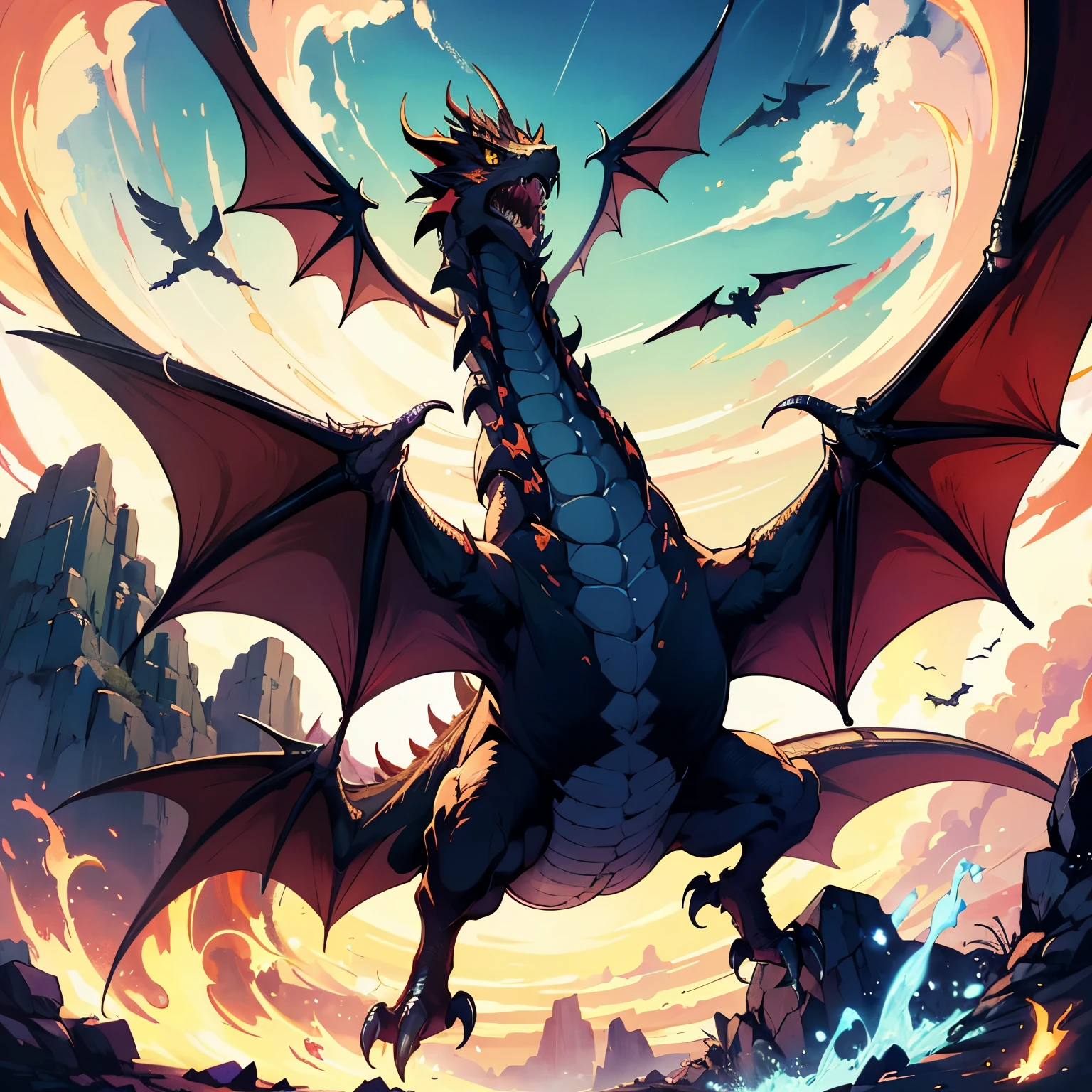 (best quality,highres,masterpiece:1.2),a wyvern,(mythical dragon), two hawk's foot, two bat wings, a pointed tail like a snale, dynamic angle