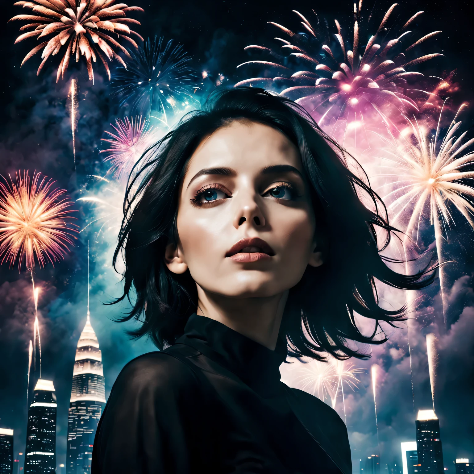 wide wide shot,Expansive night sky,new year,A grand fireworks display,woman portrait,double exposure effect,dramatic lights,vivd coloong exposure technology,creative composition,artsy photography,hight contrast,abstract elements,emotionally captivating,Expressive eyes,soft focus,vague background,Beautiful lip details,multiple exposure,Different Perspectives、The city of the future,Silhouette of a high-rise building。The texture is clear、overlay images、A harmonious blend of themes、art story、Surreal atmosphere、Experimental Technology、imaginative exploration、Artistic expression、Artistic interpretation、Creative experimentation、personal narrative、Layered composition、Ethereal aesthetics、Shocking visual impact、visual depth、magic realism、poetic atmosphere,Detailed and meticulous,visual poetry