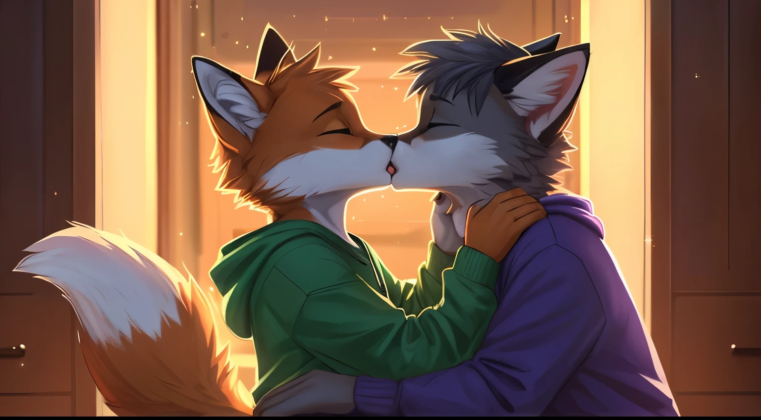 (vertical view:1.5), assisted exposure, explict content, uploaded on e621, (extremely detailed:1.3), 2boys, 2species duo, (duo focus:1.2), (kissing:1.3), (furry body), (male:1.5), (a lot of fur), (emotional:1.4), (leaning against object:1.4) furry, fox with yellow fur, cat with gray fur, hand holding couple, cat kissing fox, femboy, (causal exposure:1.6), (fur:1.7), 2boys, cat, inside a room, sparkles, teeth, open mouth, hug tightly, Masterpiece, best quality, passionate kiss, fox kissing with a cat, detailed lighting, detailed body, detailed fur, detailed, high stockings, fox with green sweatshirt, cat with purple sweatshirt, by Zackary911,