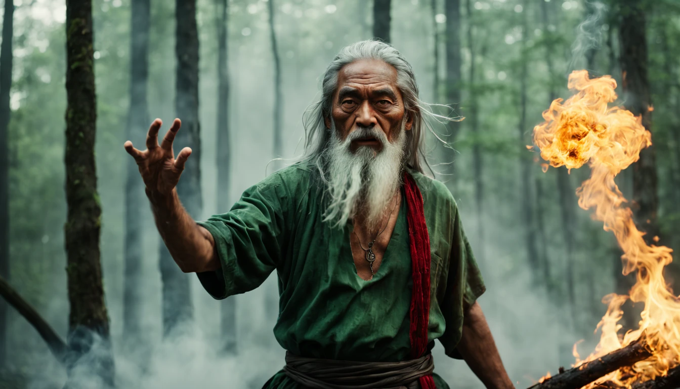 Shot of Sony FX30 35mm. "Zoom on body in motion portrait. Casting green fire magic in fog smoking forest. Weathered Malay Man with green red fire throwing hand. with ancient shining lighting neclace. Long gray hair, silver beard with silver rings sweeping in wind motion, broad shoulders. Aged face, rough skin, big brows over his eyes reflecting fire. Background with Big Dragon Fury. Some elements blurred in motion. Scene from fantasy movie. Special effects scene --ar 17:8 --style raw --stylize 300 " --v 6