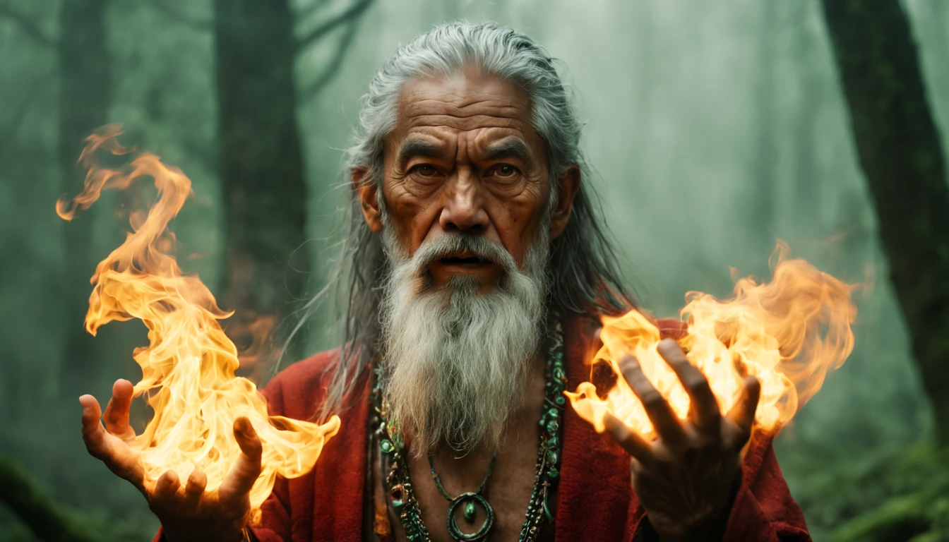 Shot of Sony FX30 35mm. "Zoom on body in motion portrait. Casting green fire magic in fog smoking forest. Weathered Malay Man with green red fire throwing hand. with ancient shining lighting neclace. Long gray hair, silver beard with silver rings sweeping in wind motion, broad shoulders. Aged face, rough skin, big brows over his eyes reflecting fire. Background with Big Dragon Fury. Some elements blurred in motion. Scene from fantasy movie. Special effects scene --ar 17:8 --style raw --stylize 300 " --v 6
