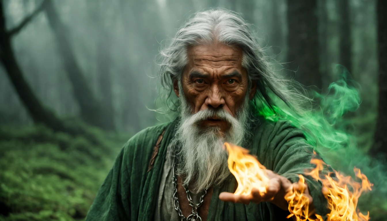 Shot of Sony FX30 35mm. "Zoom on body in motion portrait. Casting green fire magic in fog smoking forest. Weathered Malay Man with green red fire throwing hand. with ancient shining lighting neclace. Long gray hair, silver beard with silver rings sweeping in wind motion, broad shoulders. Aged face, rough skin, big brows over his eyes reflecting fire. Background with Big Dragon Fury. Some elements blurred in motion. Scene from fantasy movie. Special effects scene --ar 17:8 --style raw --stylize 300 " --v 6