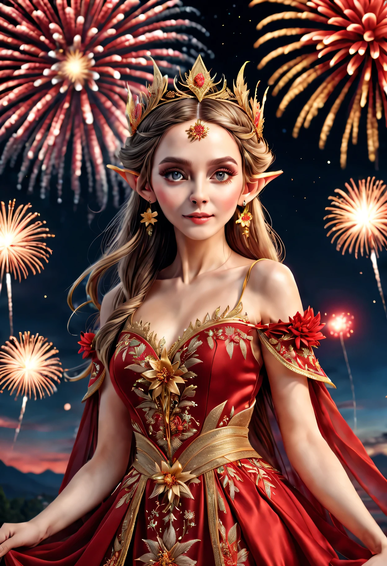 wide wide shot，Expansive night sky，new year，(A grand fireworks display),Beautiful Elf Queen，Spring dress，having fun，red tint，Golden wire，Flower embroidery，(Best quality at best,4K,A high resolution,tmasterpiece:1.2),ultra - detailed,(actual,photoactual,photo-actual:1.37),