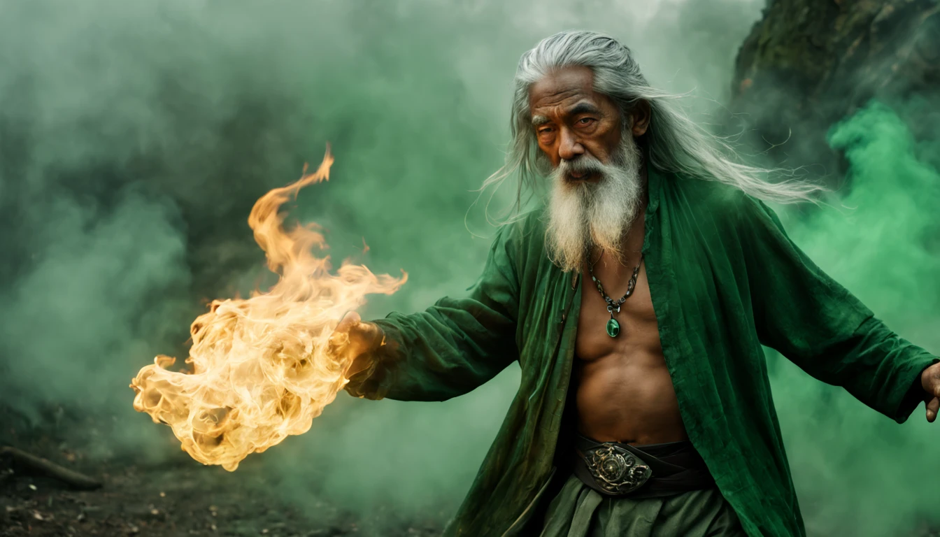 Shot of Sony FX30 35mm. "Zoom on body in motion portrait. Casting green fire magic in fog smoking forest. Weathered Malay Man with green red fire throwing hand. with ancient shining lighting neclace. Long gray hair, silver beard with silver rings sweeping in wind motion, broad shoulders. Aged face, rough skin, big brows over his eyes reflecting fire. Background with Big Dragon Fury. Some elements blurred in motion. Scene from fantasy movie. Special effects scene --ar 17:8 --style raw --stylize 300 " --v 6