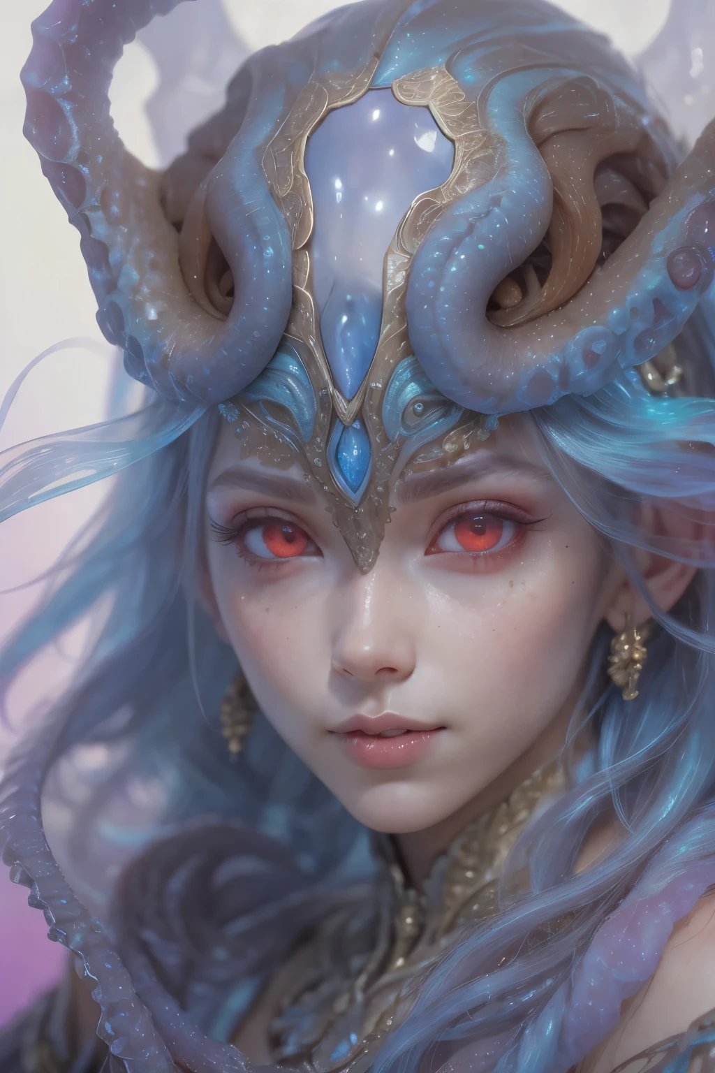 Portrait, (beautiful female alien:1.2),  (she has red eyes with no pupils:1.8), (Translucent skin:1.7),  (There is a female genital-like organ in the middle of the forehead:1.9), (The most beautiful face in the history of the universe:1.2),an evil gaze that seduces, (large mouth:1.1), (sharp teeth like a vampire:1.2), Full body like, (bio luminescent:1.5), (Smile wickedly:1.3),  (sexypose:1.5), alien, No humans, cells are fused, (Lots of translucent tentacles:1.3) extraterrestrial, cell, bio image, Best Quality, 8K,4K_quality, High Definition, Dramatic Lighting, masutepiece:1.5,cinematic quality, detail up, (Intricate details:1.2), High resolution, High Definition, drawing faithfully, (Thick eyebrows:1.2), Beautiful eyes with fine symmetry,(Highly detailed face and eyes:1.2), Intimate face, (Super detailed skin quality feeling:1.4), Perfect Anatomy,  (Beautiful toned body:1.5),  (Moist skin:1.2), No makeup, (dark circles:1.1), long canines, cinematic drawing of characters, ultra high quality model, cinematic quality, detail up, (Intricate details:1.2), High resolution, High Definition, drawing faithfully, Official art, Unity 8K wall  , 8K Portrait, Best Quality, Very High resolution, ultra detailed artistic photography, midnight aura,  unreal enginee 5, Ultra Sharp Focus, art by alberto seveso, ArtGerm, Roisch, intricate artwork, best quality, masutepiece, ultra High resolution, (photos realistic:1.4), Ultra-realistic realism, dream-like,  nautilus, Creation of fantasy, Snail, Dream Snail,  biopunk nautilus, Thrilling color schemes， Ultra-realistic realism， seductively smiling, Blue tentacles,