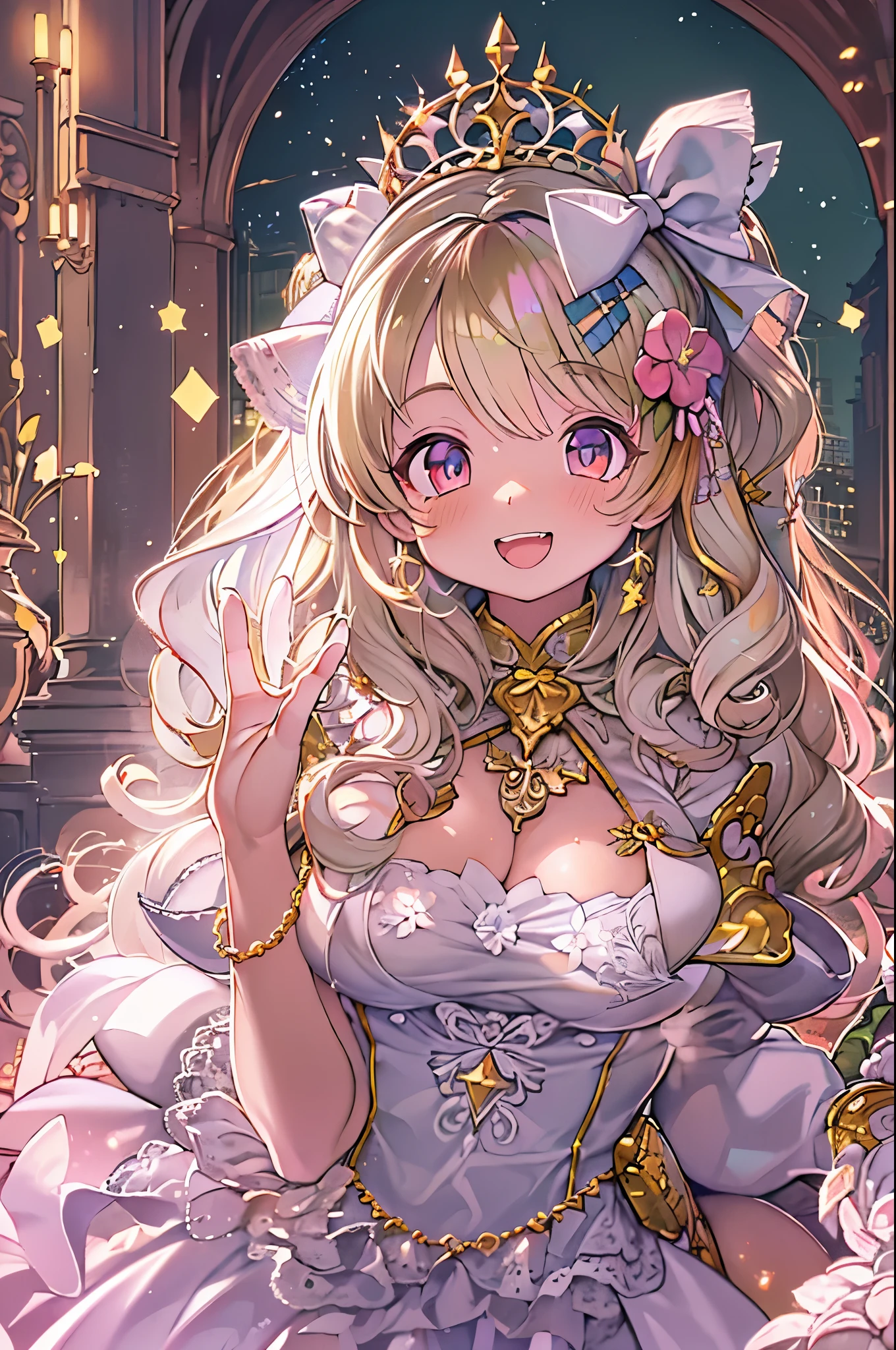 dramatic compositions, Dress in court style, royal, Gorgeous, カスケードfrilld, frilld, the bow, crystal chandeliers, Roman curly hairstyles, ponet, Double ponytail like a drill, Look at the camera, Bangs, maximalism, palace background, Delicate depiction of hair and eyes, Princess Dresses, Gorgeous skirts, Flowers in hand, Smiles, Starry eyes, Cinematic Light, Extreme Detail, High Definition, happy girl, Very long hair, Diamonds, broken Diamonds, Junction Tip, light Particle