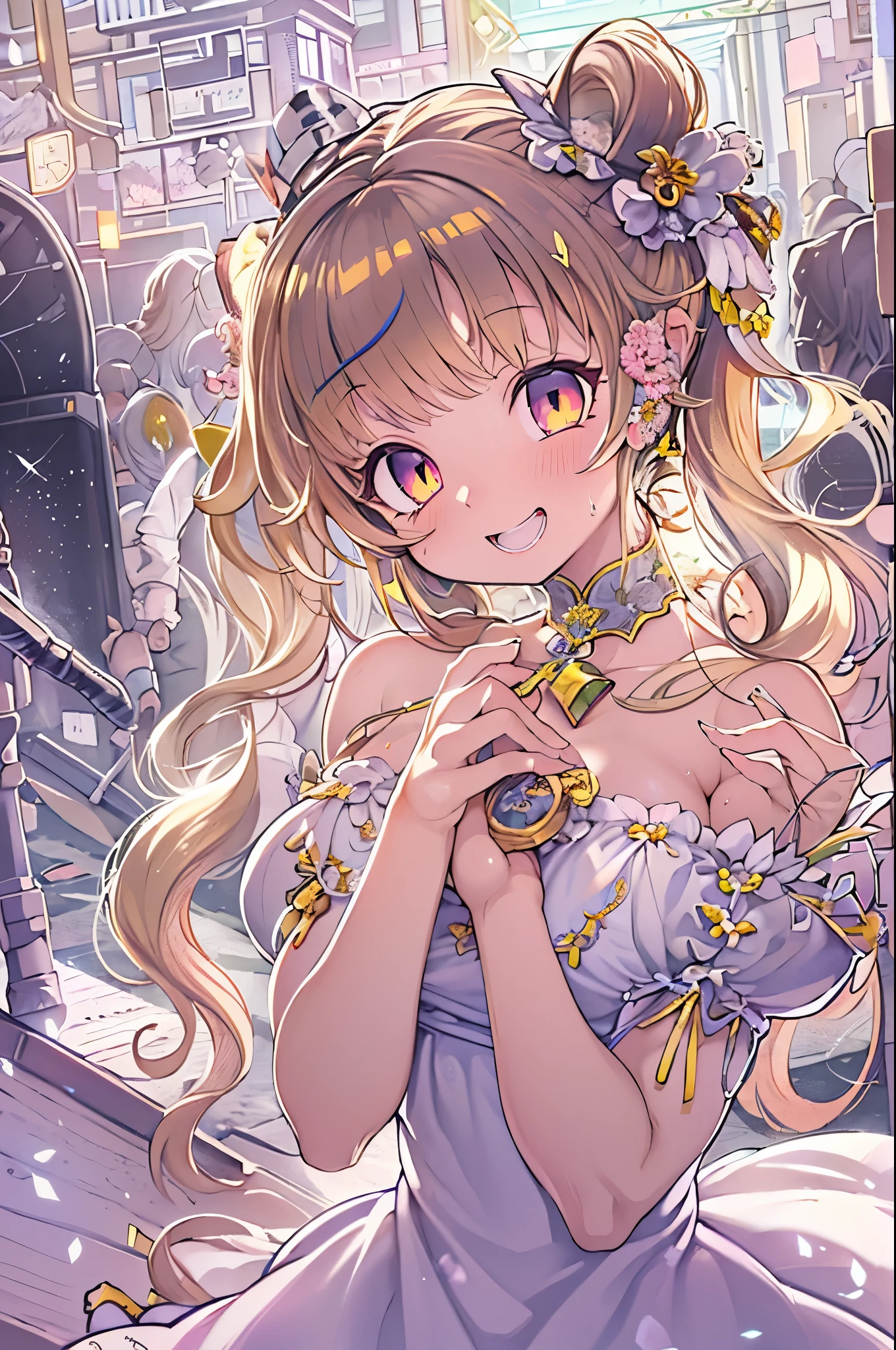 dramatic compositions, Dress in court style, royal, Gorgeous, カスケードfrilld, frilld, the bow, crystal chandeliers, Roman curly hairstyles, ponet, Double ponytail like a drill, Look at the camera, Bangs, maximalism, palace background, Delicate depiction of hair and eyes, Princess Dresses, Gorgeous skirts, Flowers in hand, Smiles, Starry eyes, Cinematic Light, Extreme Detail, High Definition, happy girl, Very long hair, Diamonds, broken Diamonds, Junction Tip, light Particle