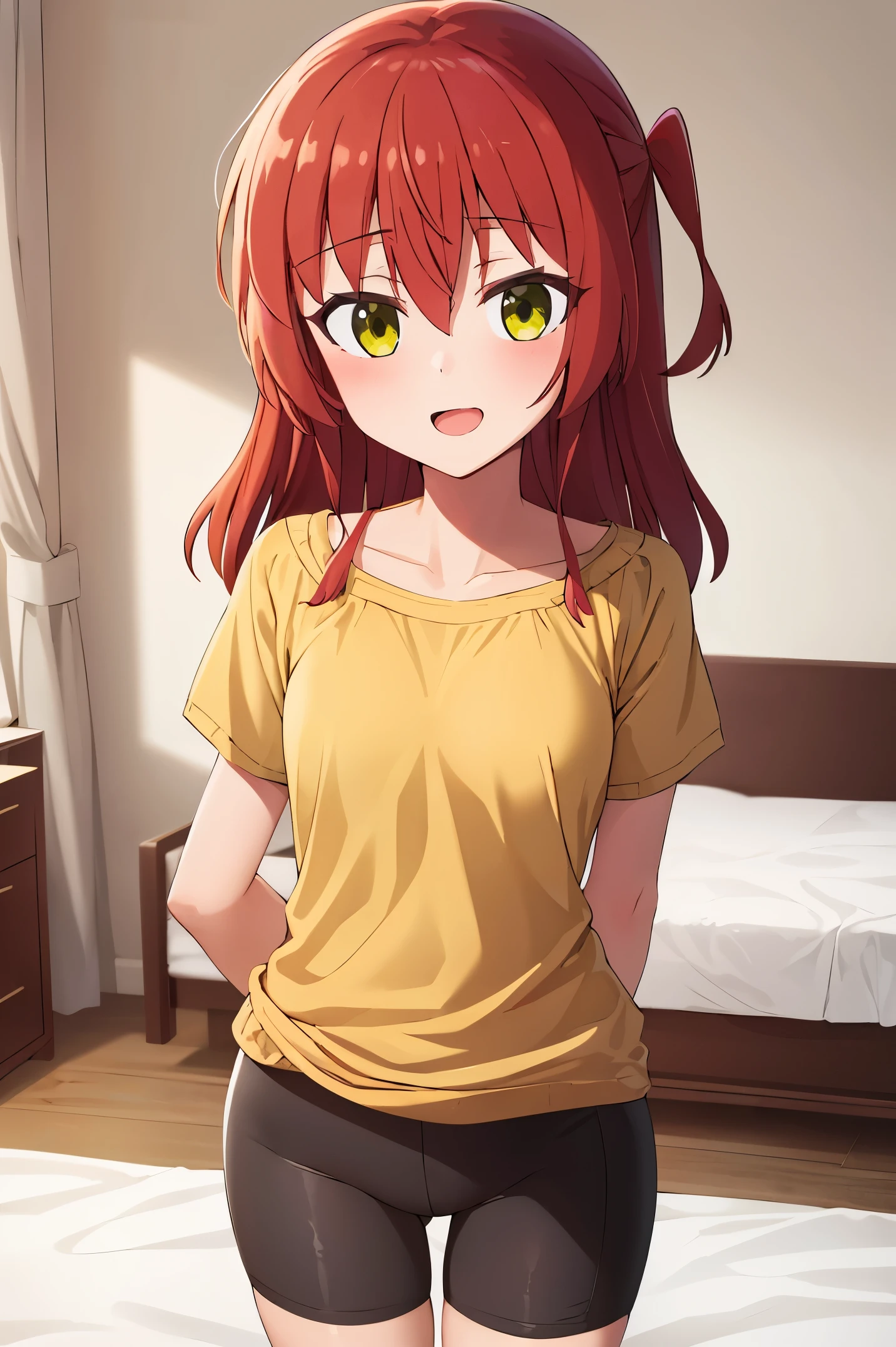 1 girl, best quality, ultra high res, long hair, red hair, green eyes, looking at viewers, small breast, standing, pov, slim body, loli body, small body, smile, open mouth, yellow shirt, short sleeves, bike shorts, bedroom, white bed sheets,