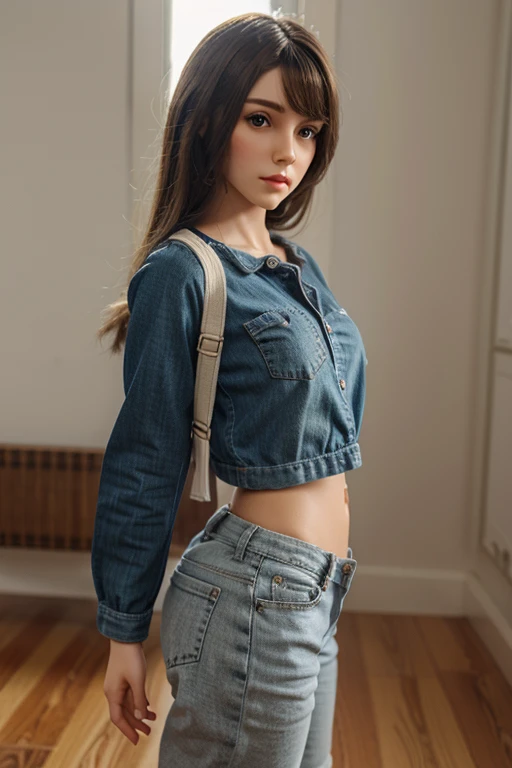 8k, ultrarealistic, perfect texture, masterpiece, cute, full view, distance shot, hyperrealistic looking, crop top and barefoot, jeans pants, sitting on the floor at home