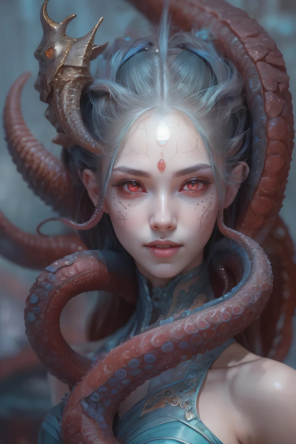 Portrait, (beautiful female alien:1.2), (she has red eyes with no pupils:1.8), (Translucent skin:1.7), (There is a female genital-like organ in the middle of the forehead.:1.9), (The most beautiful face in the history of the universe:1.2),an evil gaze that seduces, (large mouth:1.1), (sharp teeth like a vampire:1.2), Full body like, (bio luminescent:1.5), (Smile wickedly:1.3), (sexypose:1.5), alien, No humans, cells are fused, (Lots of translucent tentacles:1.3) extraterrestrial, cell, bio image, Best Quality, 8K,4K_quality, High Definition, Dramatic Lighting, masutepiece:1.5,cinematic quality, detail up, (Intricate details:1.2), High resolution, High Definition, drawing faithfully, (Thick eyebrows:1.2), Beautiful eyes with fine symmetry,(Highly detailed face and eyes:1.2), Intimate face, (Super detailed skin quality feeling:1.4), Perfect Anatomy, (Beautiful toned body:1.5), (Moist skin:1.2), No makeup, (dark circles:1.1), long canines, cinematic drawing of characters, ultra high quality model, cinematic quality, detail up, (Intricate details:1.2), High resolution, High Definition, drawing faithfully, Official art, Unity 8K wall , 8K Portrait, Best Quality, Very High resolution, ultra detailed artistic photography, midnight aura, unreal enginee 5, Ultra Sharp Focus, art by alberto seveso, ArtGerm, Roisch, intricate artwork, best quality, masutepiece, ultra High resolution, (photos realistic:1.4), Ultra-realistic realism, dream-like, nautilus, Creation of fantasy, Snail, Dream Snail, biopunk nautilus, Thrilling color schemes, Ultra-realistic realism, seductively smiling, Blue tentacles,