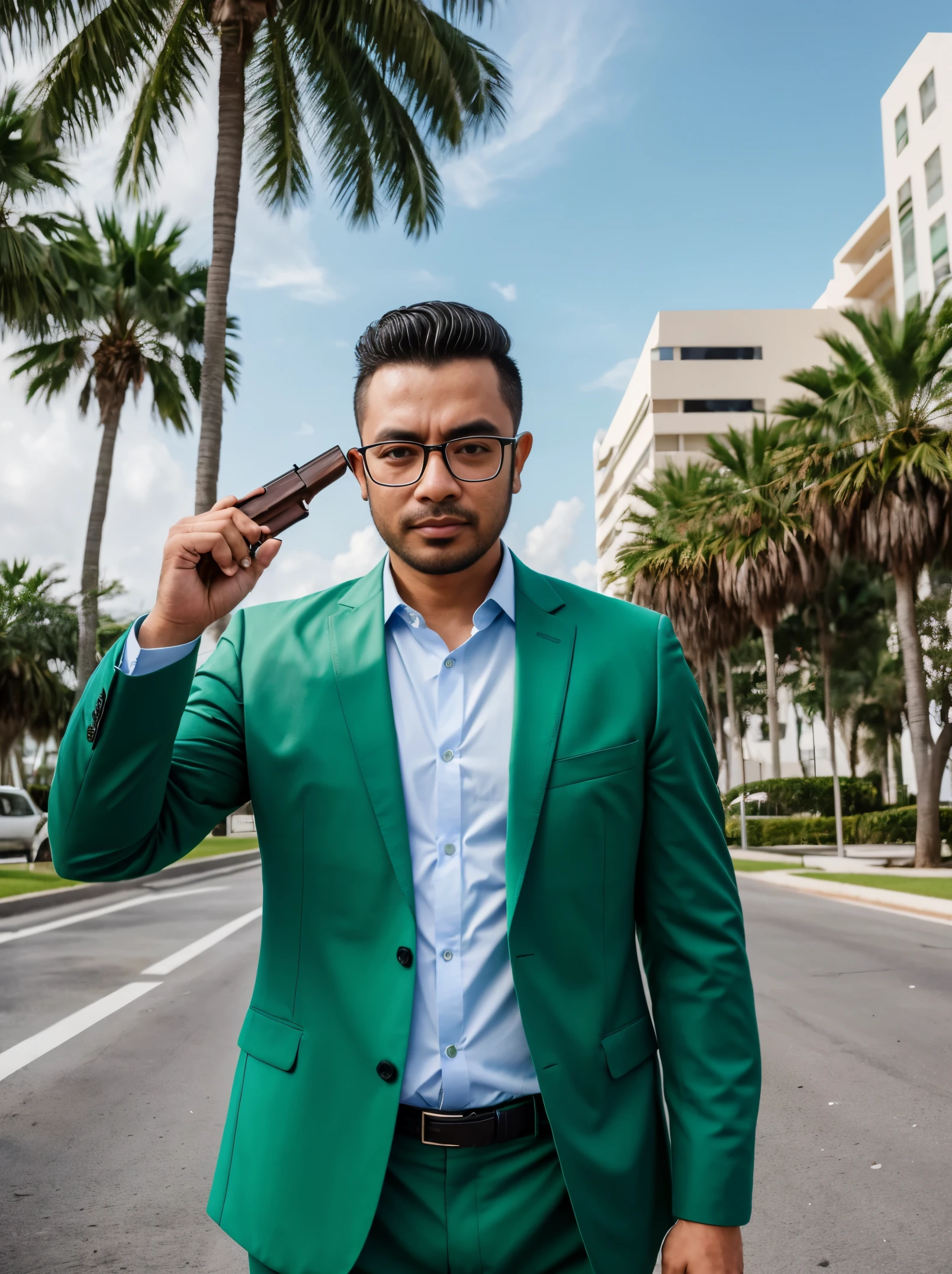 Roro kidul portrait photo of a man wearing glasses and green suit with blue shirt, shooting a gun in the parking lot with the miami office building and palm trees in the background, high quality, very sharp, professional photography