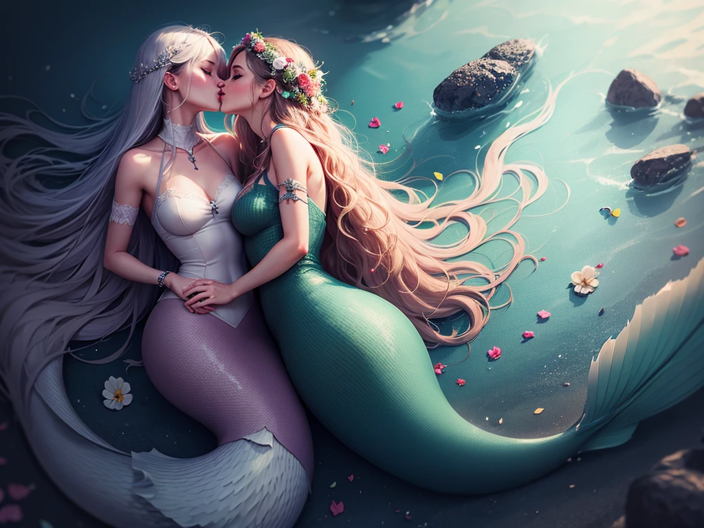 mermaid, (2girls, cheek to cheek, kiss:1.2)