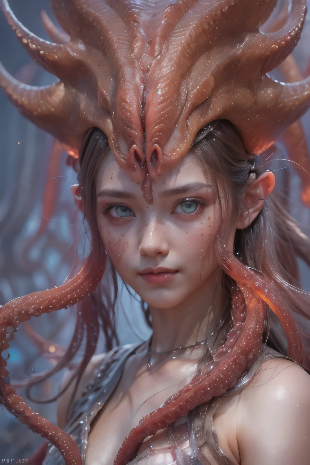 Portrait, (1 beautiful female alien:1.2), ((There is a female genital-like organ in the middle of the forehead:1.9)), (The most beautiful face in the history of the universe:1.2), (Scarlet eyes that shine mysteriously:1.6), (Translucent skin:1.8), an evil gaze that seduces, (red eyes:1.5), (large mouth:1.1), sharp teeth like a shark, Full body like, (bio luminescent:1.2), (Smile wickedly:1.3), (sexypose:1.5), alien, No humans, cells are fused, (Lots of translucent tentacles:1.1) (Translucent skin:1.3), extraterrestrial, cell, bio image, Best Quality, 8K,4K_quality, High Definition, Dramatic Lighting, masutepiece:1.5,cinematic quality, detail up, (Intricate details:1.2), High resolution, High Definition, drawing faithfully, (Thick eyebrows:1.2), Beautiful eyes with fine symmetry, (Ultra detailed eyes:1.2),(Highly detailed face and eyes:1.2), (High-resolution red-eye:1.4), Intimate face, (Super detailed skin quality feeling:1.4), Perfect Anatomy, (Beautiful toned body:1.5), (Moist skin:1.2), No makeup, (dark circles:1.1), long canines, cinematic drawing of characters, ultra high quality model, cinematic quality, detail up, (Intricate details:1.2), High resolution, High Definition, drawing faithfully, Official art, Unity 8K wall , 8K Portrait, Best Quality, Very High resolution, ultra detailed artistic photography, midnight aura, unreal enginee 5, Ultra Sharp Focus, art by alberto seveso, ArtGerm, Roisch, intricate artwork, best quality, masutepiece, ultra High resolution, (photos realistic:1.4), Ultra-realistic realism, dream-like, nautilus, Creation of fantasy, Snail, Dream Snail, (biopunk nautilus:1.3), Thrilling color schemes, Ultra-realistic realism, seductively smiling, Blue tentacles, Creatures that mimic humans