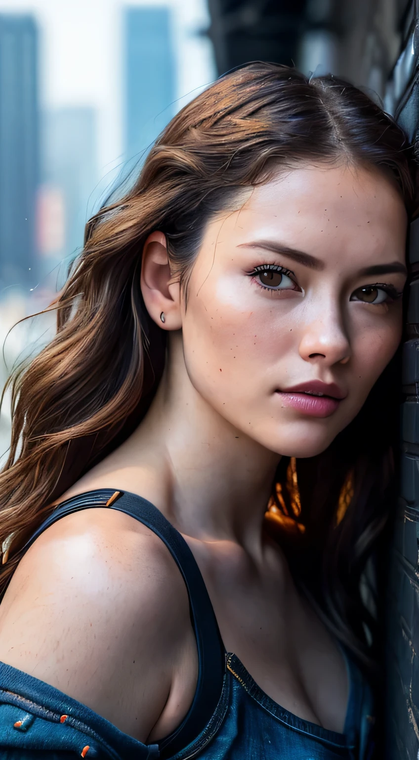 Full Face portrait photo oF 25 year old European girl, raw, beautiFul woman, Semi-open strawberry lip, Dimples, wistFul expression, (Brown hair with extra long wavy), ((detailed Face)), ((detailed Facial Featureine detailed skin), pale skin, Cyberpunk Megacity Environment, (cool color), moist, moist, reFlection, (Masterpiece shot with Canon EOS R5 (detail) (Realistic Photos) (Detailed details) 50mm Lens, F/2.8, nffsw, (8K) (Wallpaper) (Cinematic lighting) (Dramatic Lighting) (sharp Focus) (with an intricate), raw photography, raw photography, Gigachad Photos, Camera Pose, Black jeans, Back arm, 8K uhd, Digital SLR, High quality, Grain film, FujiFilm XT3, Film Stock Photo 4 Kodak Portra 400 Camera F1.6 Lenses Rich colors Ultra-realistic textures Dramatic lighting Unreal Engine Art Station Trends Cinestill 800 Tungsten, toughboy style, Ultra Focus Face, Intimidating, fighting position, Short messy hair, musculature, Ruptured veins, bead, (( oFF-shoulder crop top)),