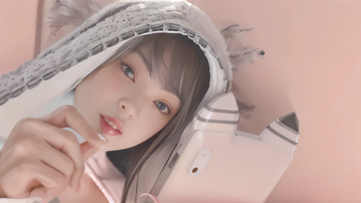 hoods、silber hair、straight haired、Blunt bangs、sketchbook、1girl in,pink smartphone
