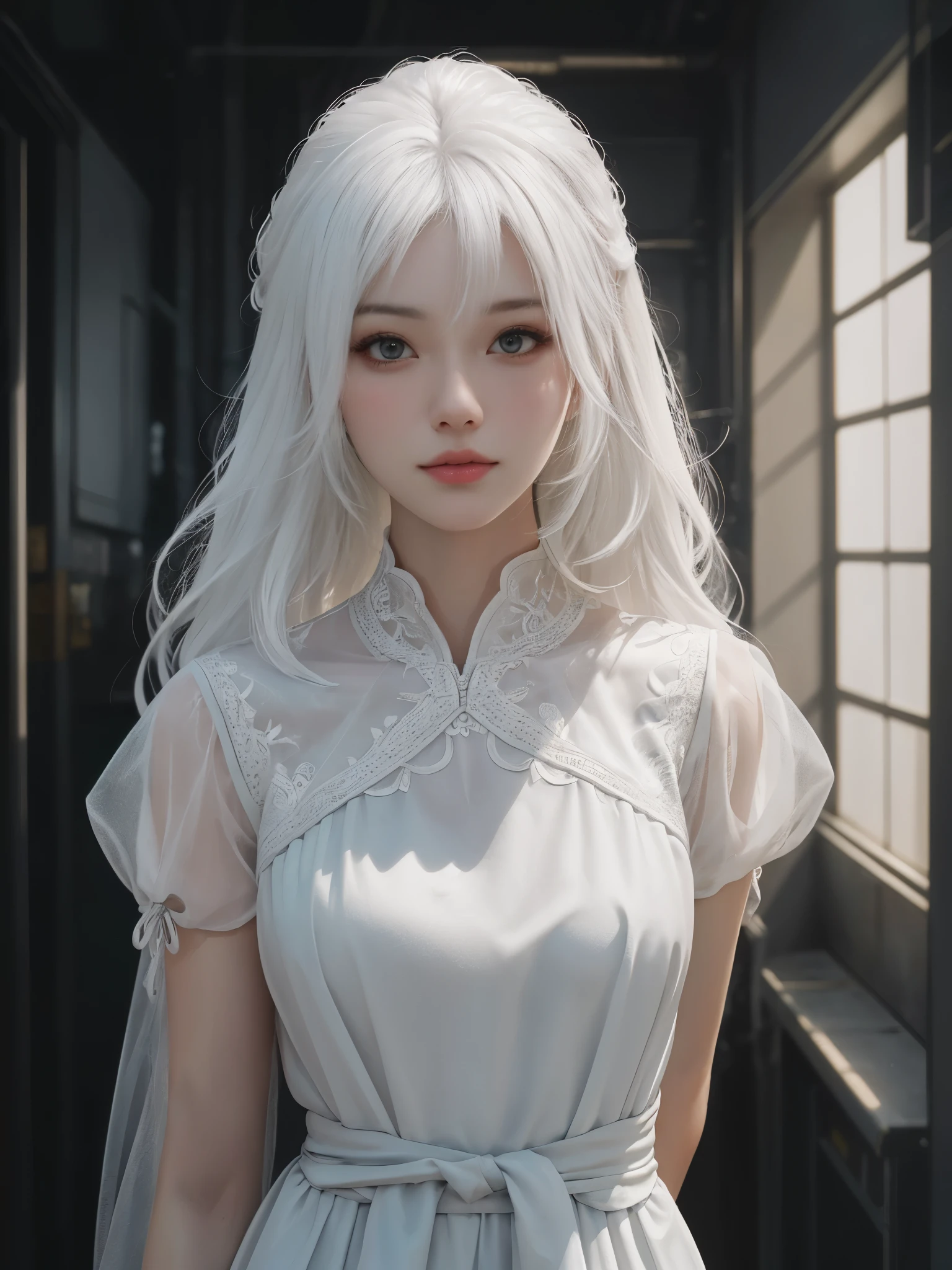 Close-up of woman with white hair and white mask、beautiful character painting、guweiz、Guweiz style artwork、white haired god、Jan J、epic exquisite character art、Stunning character art、Fanchy、Uzunsifan、guweiz from pixiv art station,Faces of reality,Real people,Photo Quality,Images of real people captured by a camera,Shoot from the waist up,Live-action feeling,Fairly light clothing，see-through underware,dress made of thin transparent material,