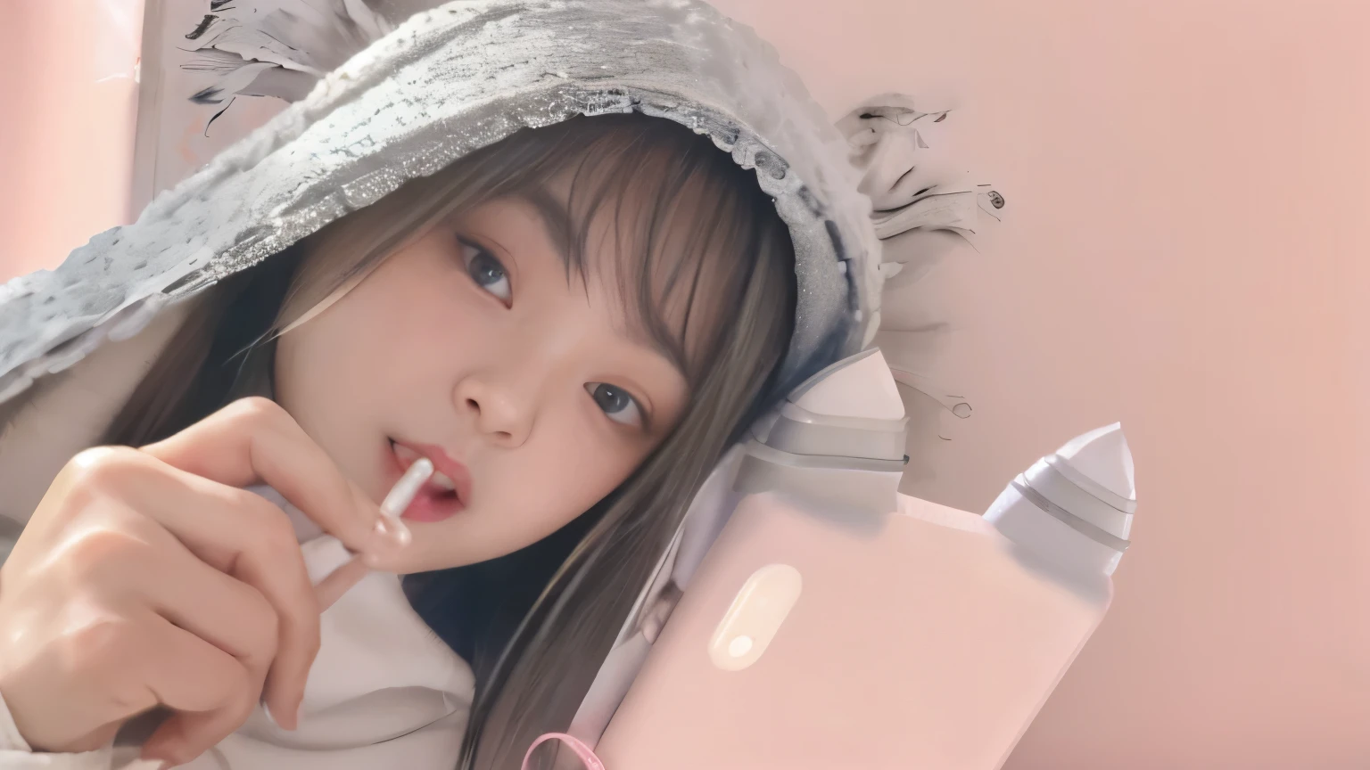 hoods、silber hair、straight haired、Blunt bangs、sketchbook、1girl in,pink smartphone