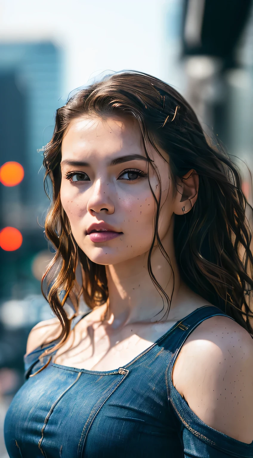 Full Face portrait photo oF 25 year old European girl, raw, beautiFul woman, Semi-open strawberry lip, Dimples, wistFul expression, (Brown hair with extra long wavy), ((detailed Face)), ((detailed Facial Featureine detailed skin), pale skin, Cyberpunk Megacity Environment, (cool color), moist, moist, reFlection, (Masterpiece shot with Canon EOS R5 (detail) (Realistic Photos) (Detailed details) 50mm Lens, F/2.8, nffsw, (8K) (Wallpaper) (Cinematic lighting) (Dramatic Lighting) (sharp Focus) (with an intricate), raw photography, raw photography, Gigachad Photos, Camera Pose, Black jeans, Back arm, 8K uhd, Digital SLR, High quality, Grain film, FujiFilm XT3, Film Stock Photo 4 Kodak Portra 400 Camera F1.6 Lenses Rich colors Ultra-realistic textures Dramatic lighting Unreal Engine Art Station Trends Cinestill 800 Tungsten, toughboy style, Ultra Focus Face, Intimidating, fighting position, Short messy hair, musculature, Ruptured veins, bead, (( oFF-shoulder crop top)),